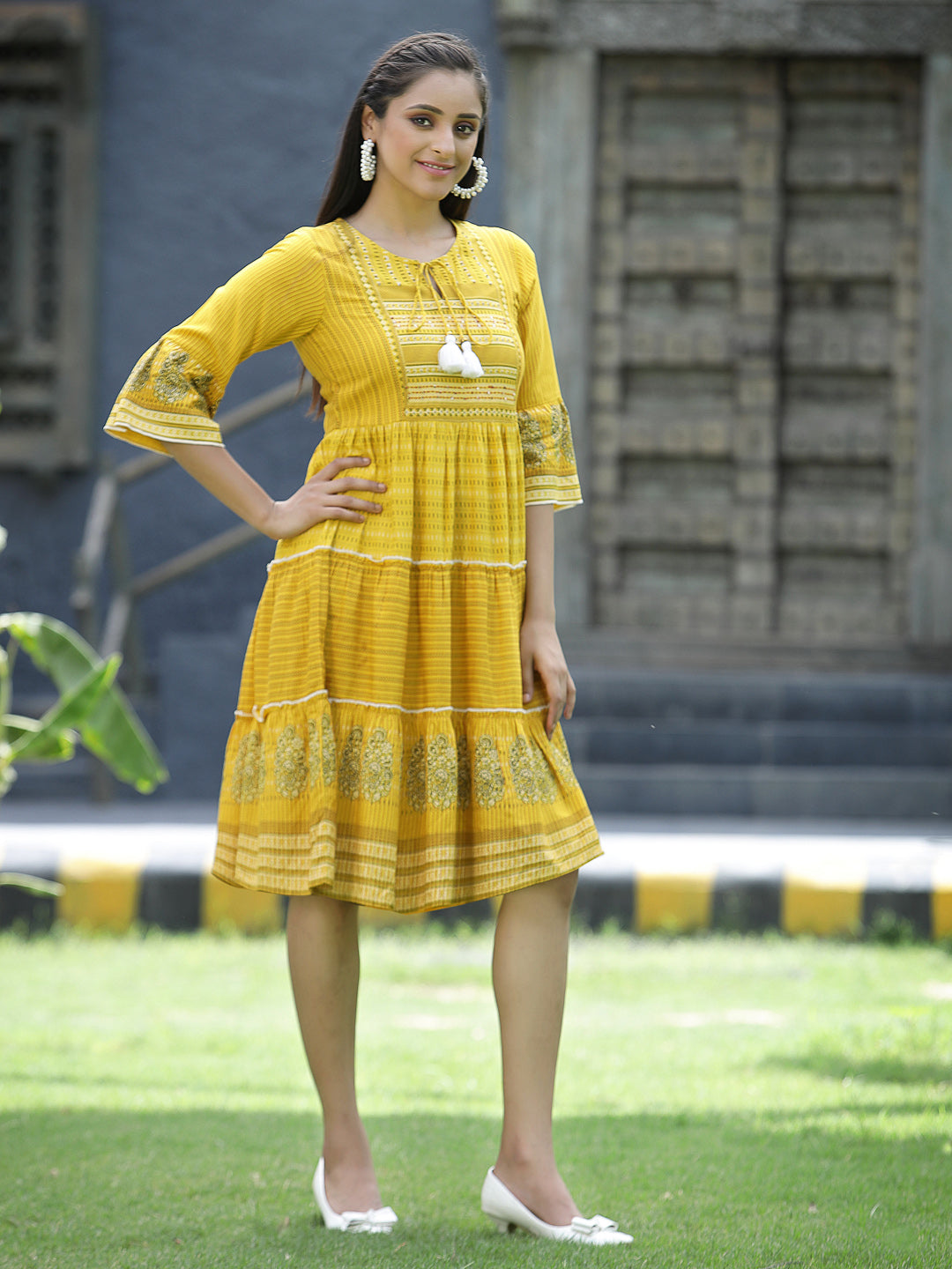 Mustard Rayon Festive Printed Tiered Short Dress