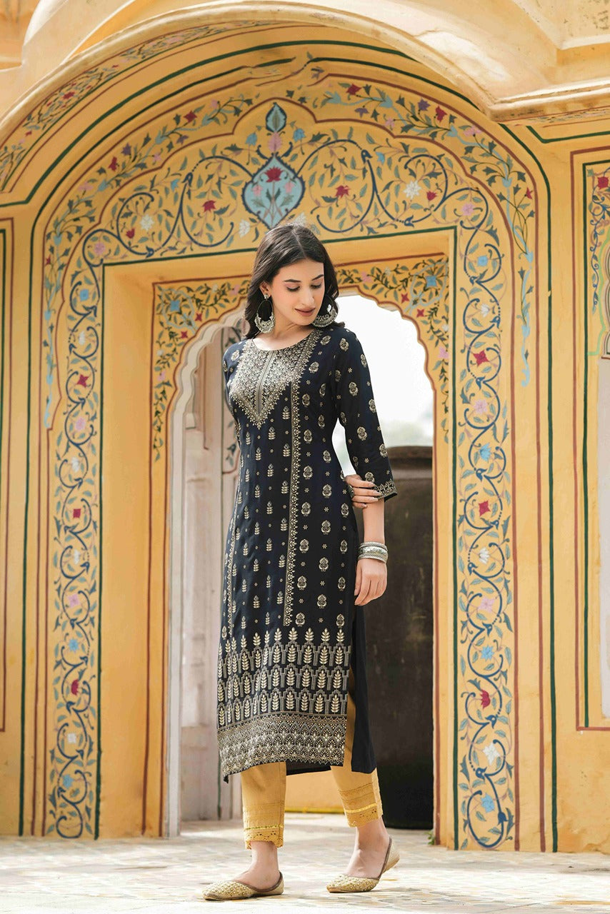 Black Rayon Festive Printed Straight Kurta