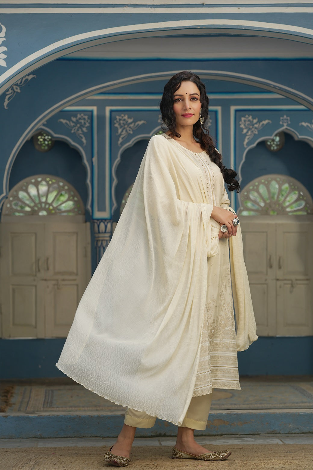 Beige Shantoon Festive Printed Straight Skd