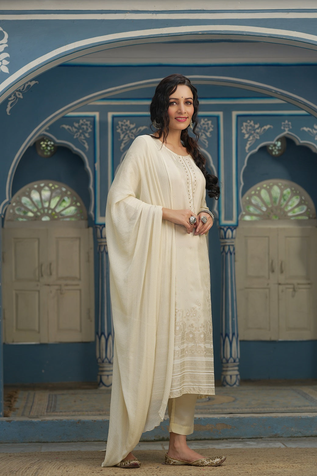 Beige Shantoon Festive Printed Straight Skd