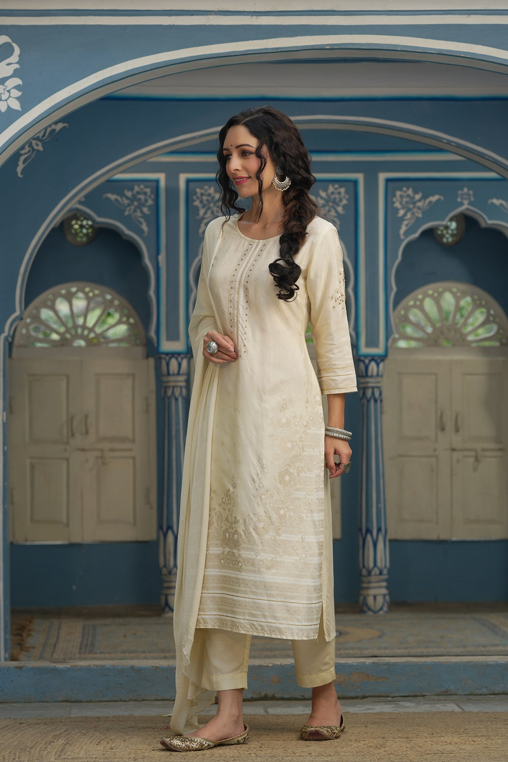 Beige Shantoon Festive Printed Straight Skd