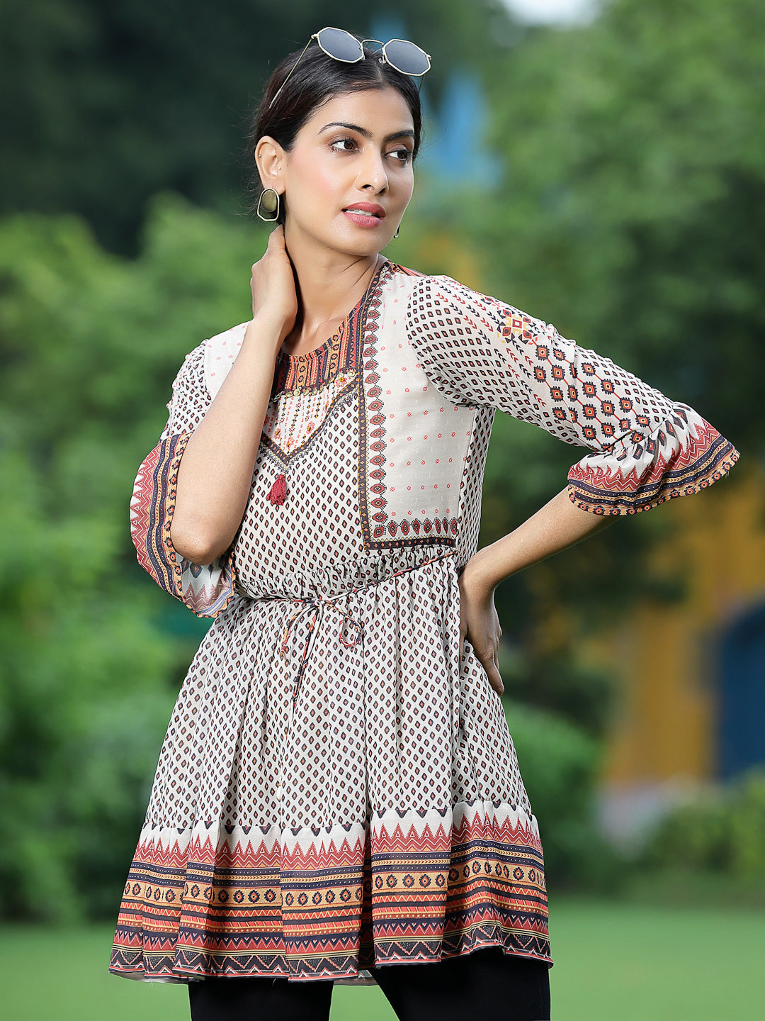 Off - White Georgette Festive Printed Flared Tunic