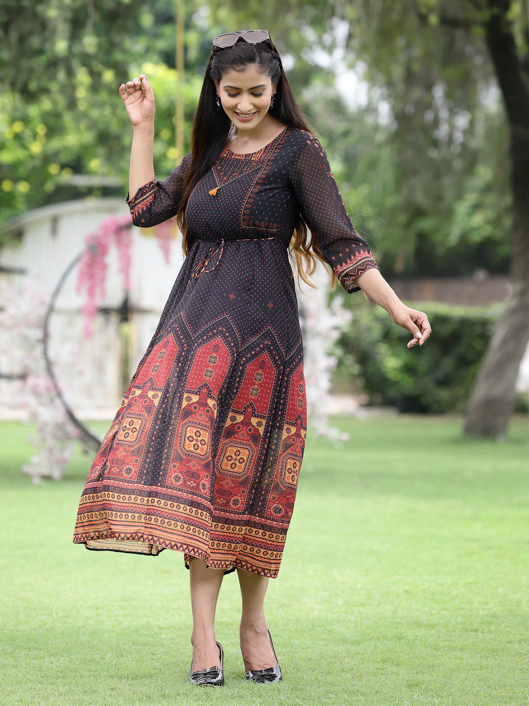 Black Georgette Festive Printed A-Line Dress