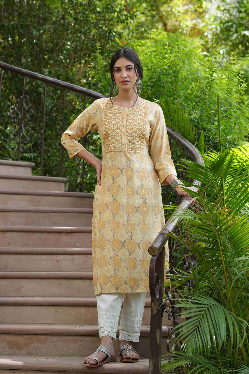 Beige Muslin Festive Wear Mirror Work Straight Kurta