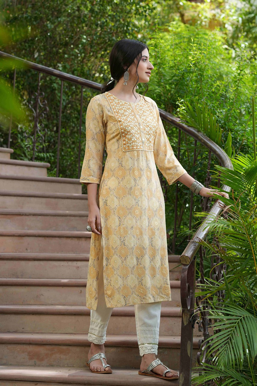 Beige Muslin Festive Wear Mirror Work Straight Kurta