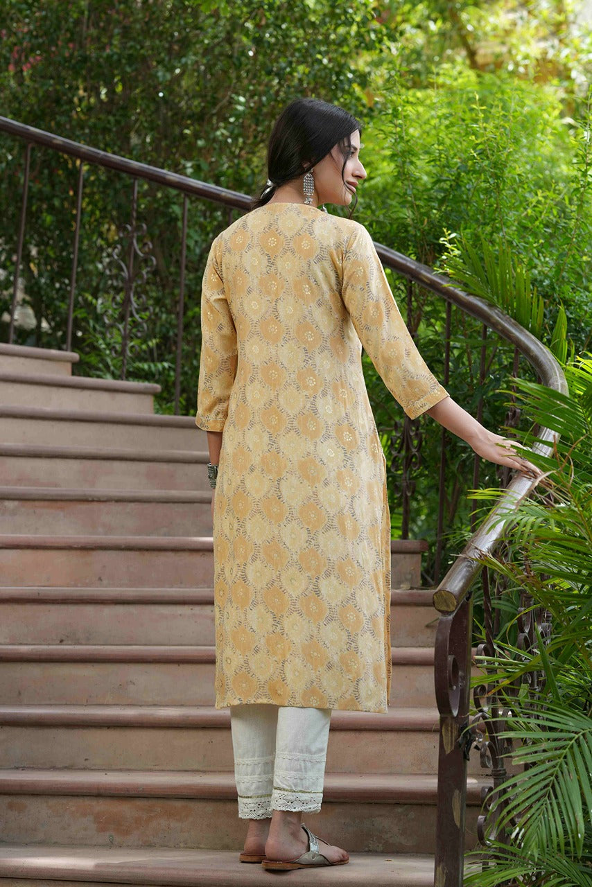 Beige Muslin Festive Wear Mirror Work Straight Kurta