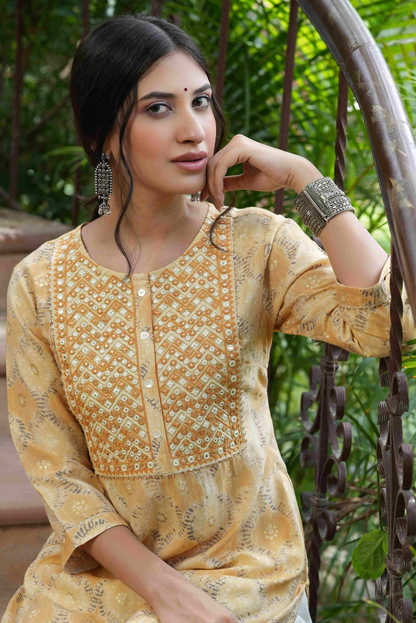 Beige Muslin Festive Wear Mirror Work Straight Kurta