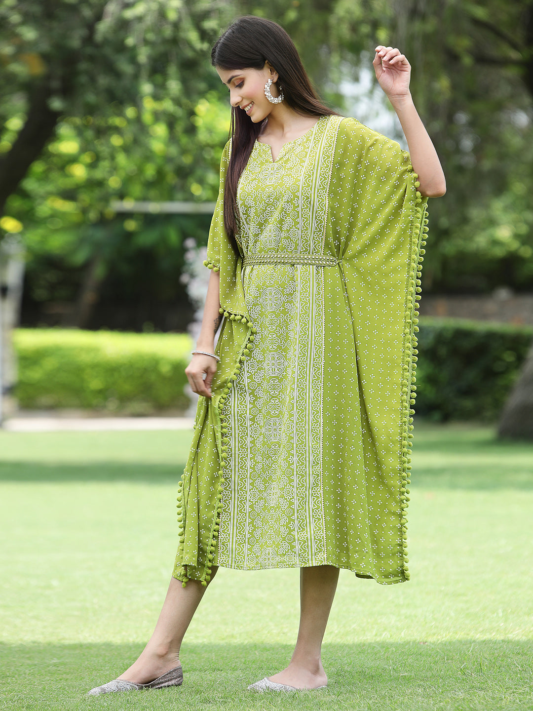 Green Georgette Festive Bandhej Printed Straight Kaftan