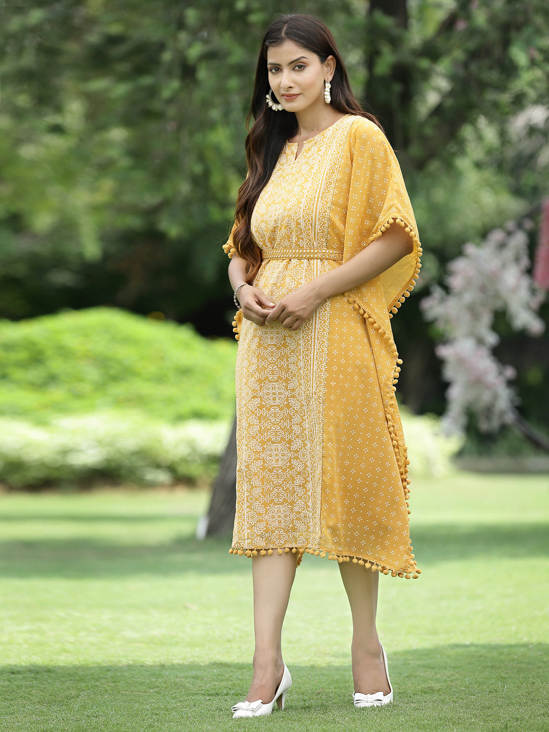 Mustard Georgette Festive Bandhej Printed Straight Kaftan