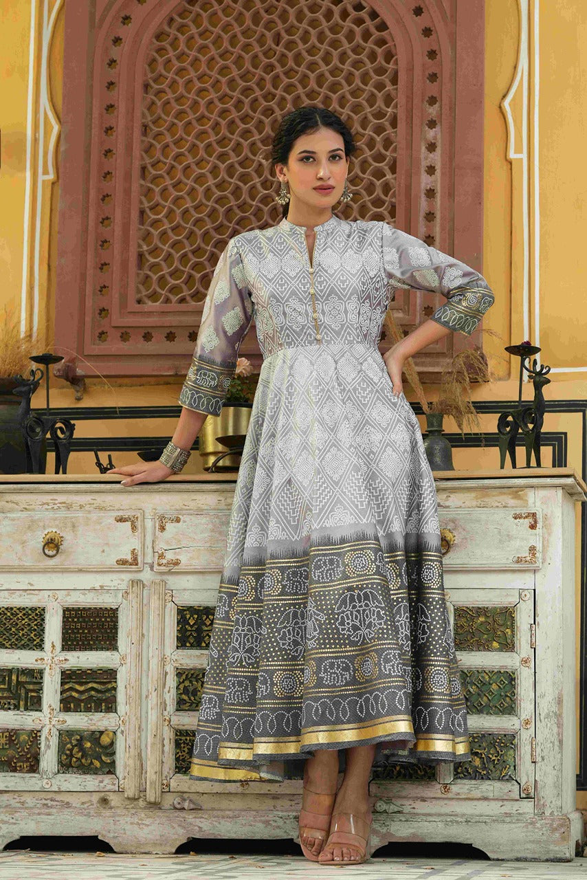 Grey Shantoon Festive Print Foil Print Flared Dress