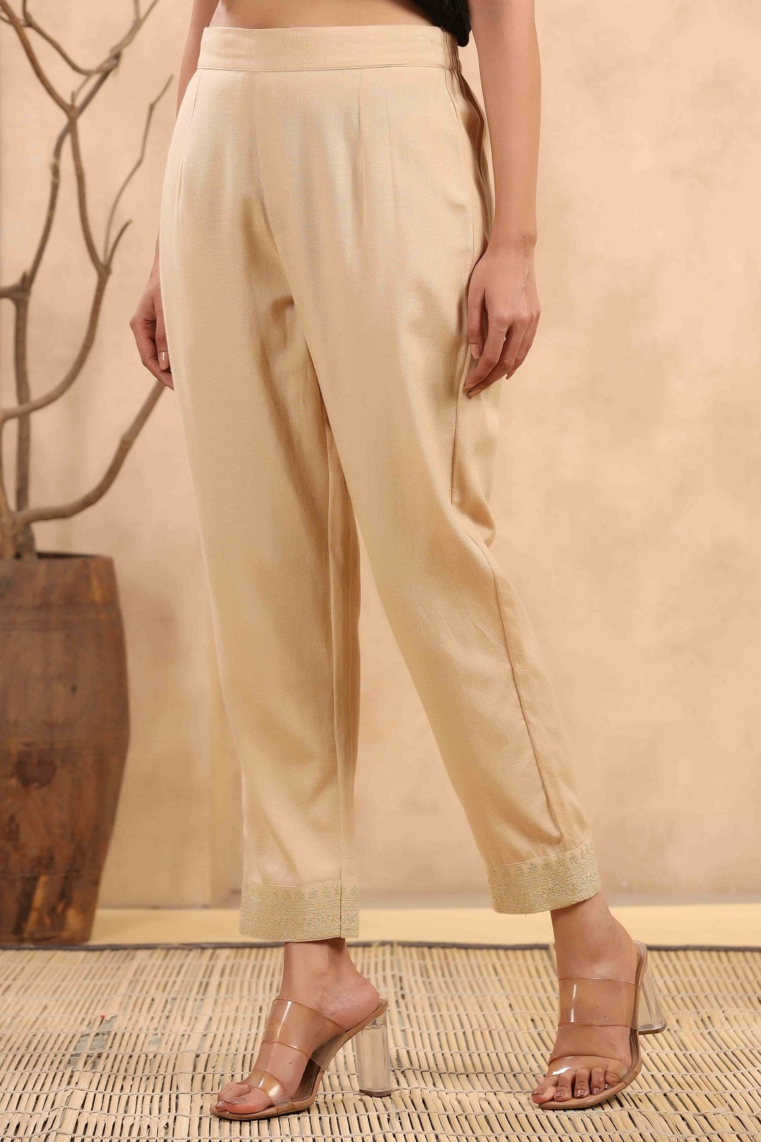 Gold Rayon Casual Wear Solid Straight Pants