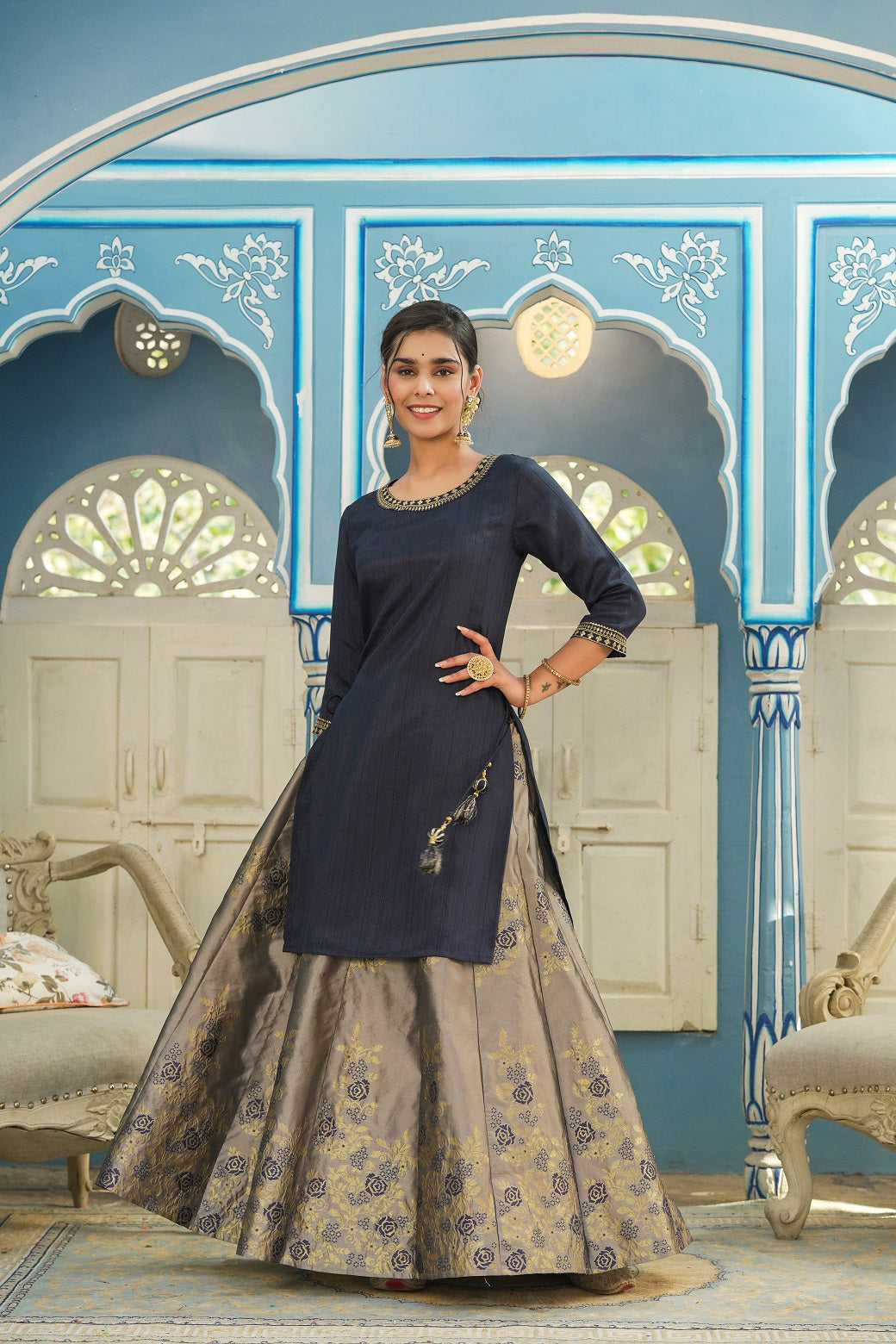 Blue Solid Kurta Printed Brocade Skirt Festive Wear Lehenga Choli Sets