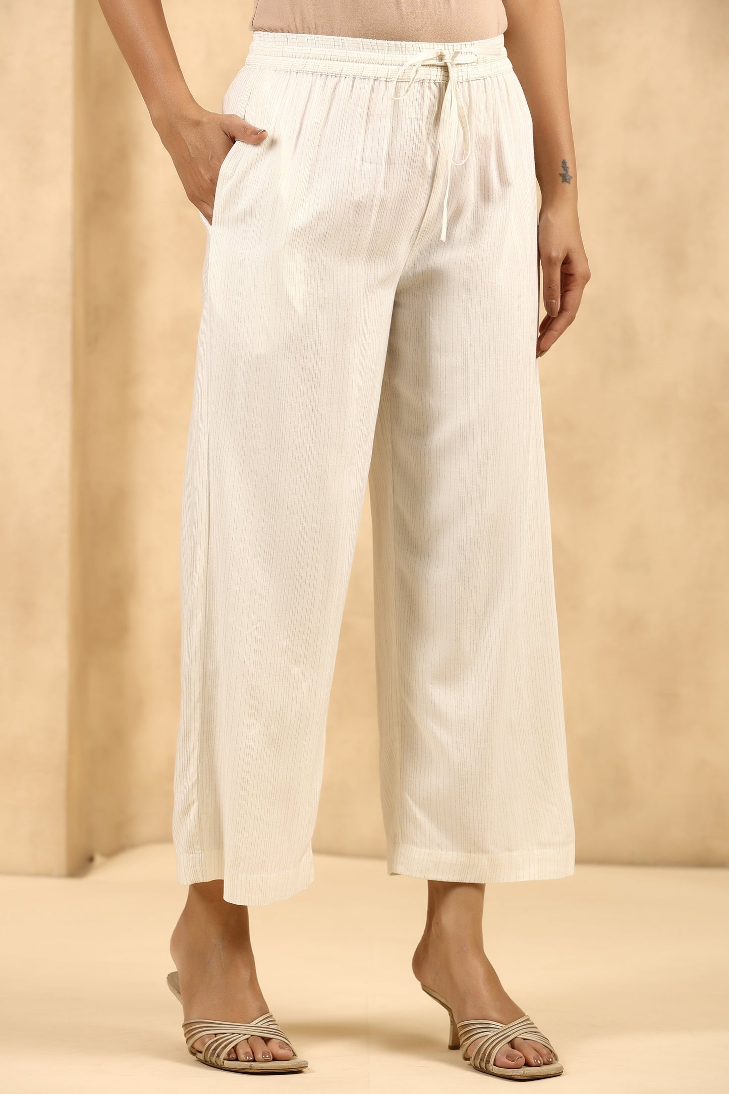 Off-White Rayon Gold Printed Wide Leg Palazzo