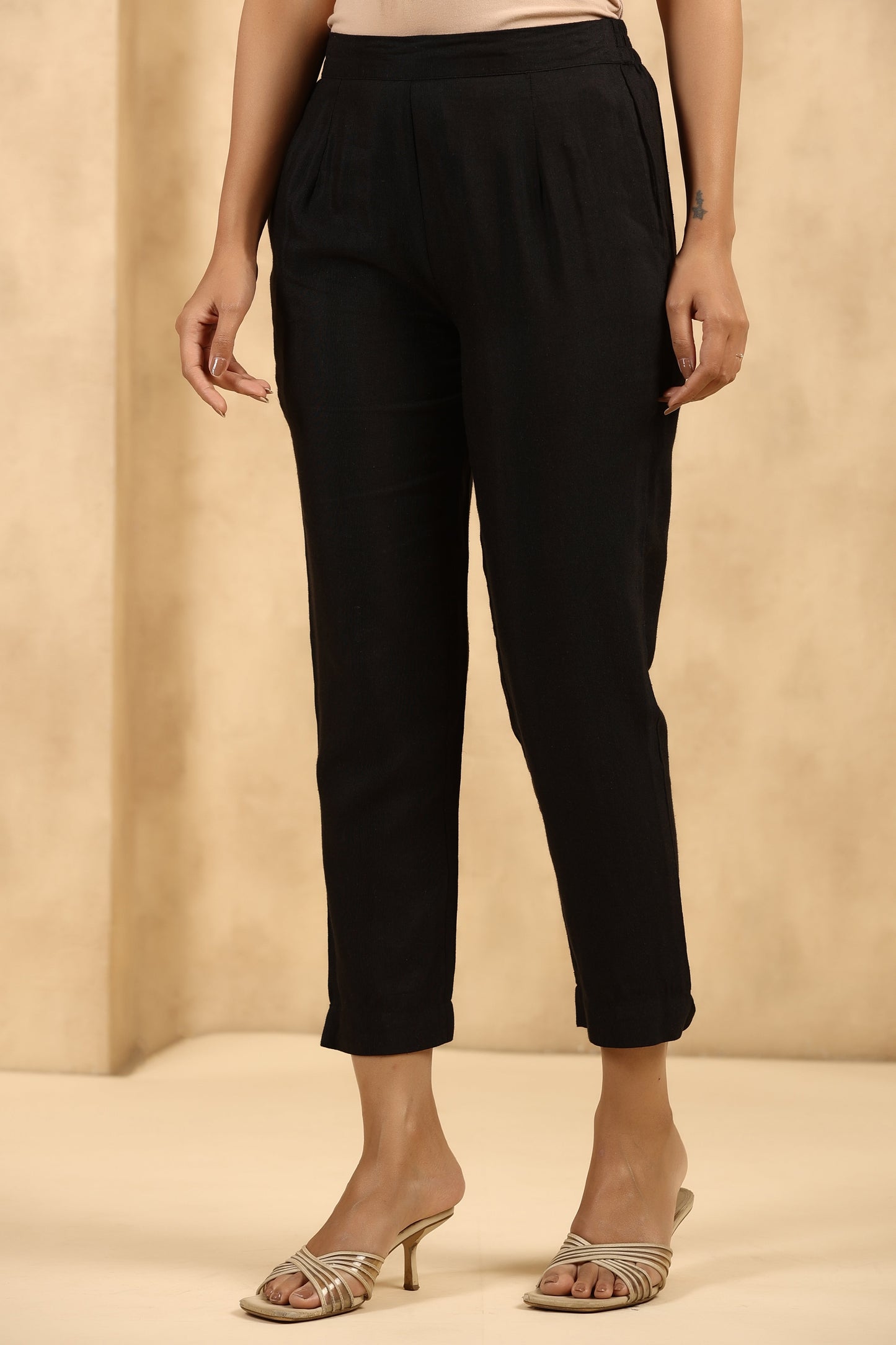 Black Rayon Flex Solid Straight Pant