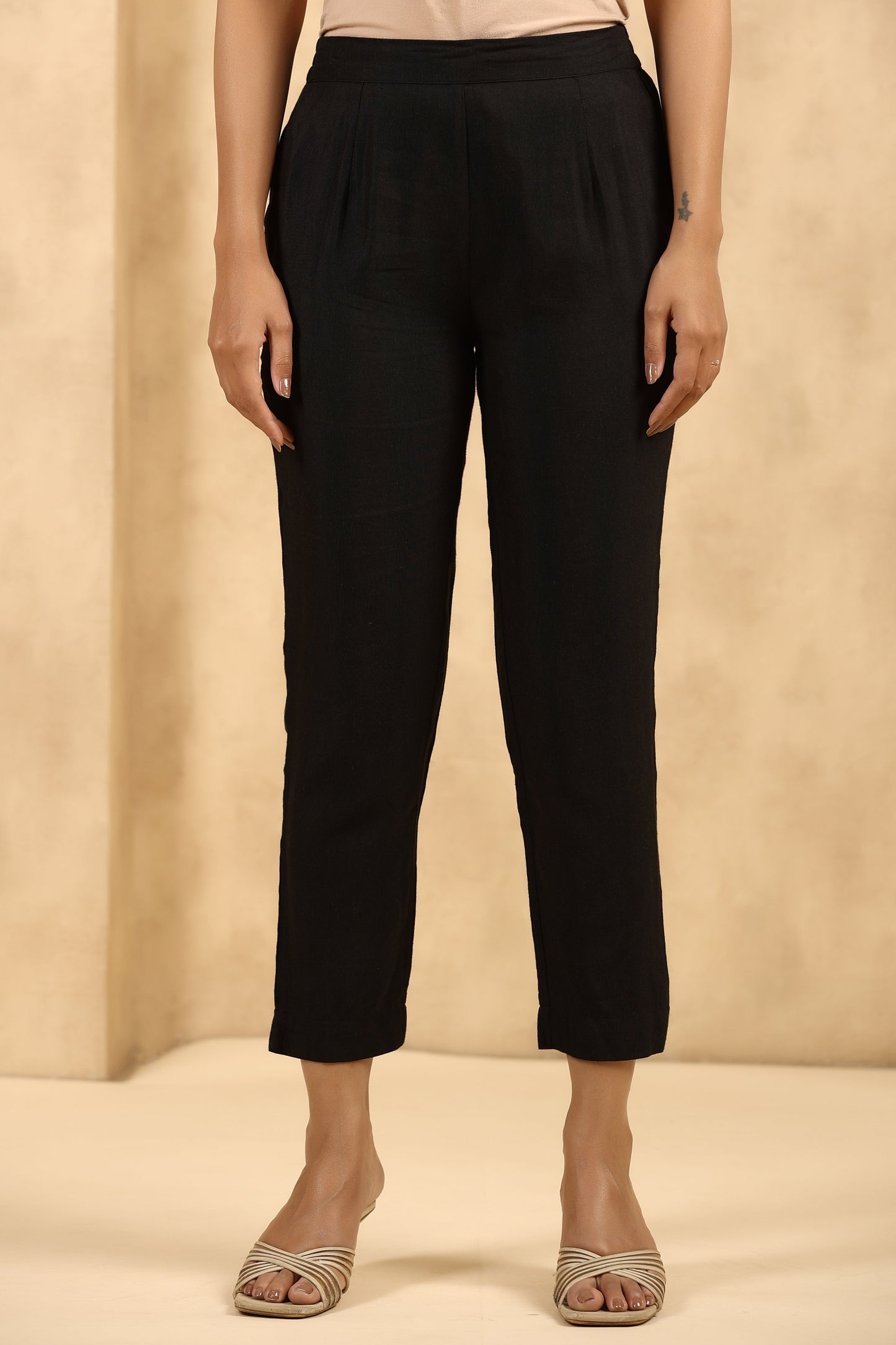 Black Rayon Flex Solid Straight Pant