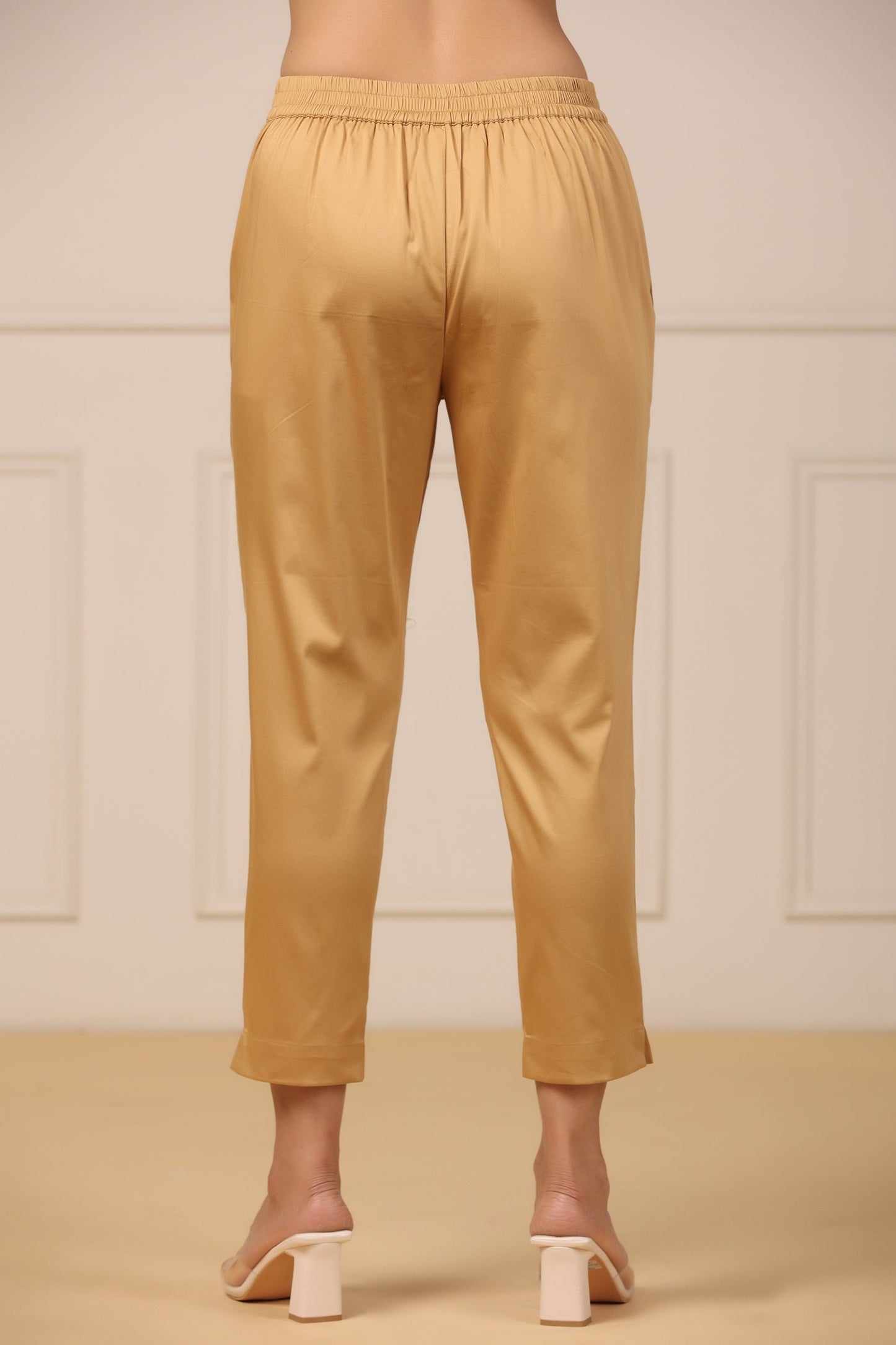 Beige Solid Straight Slim Pant