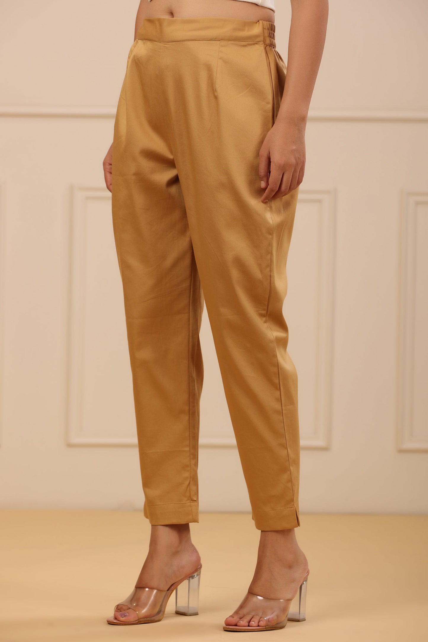 Beige Solid Straight Slim Pant