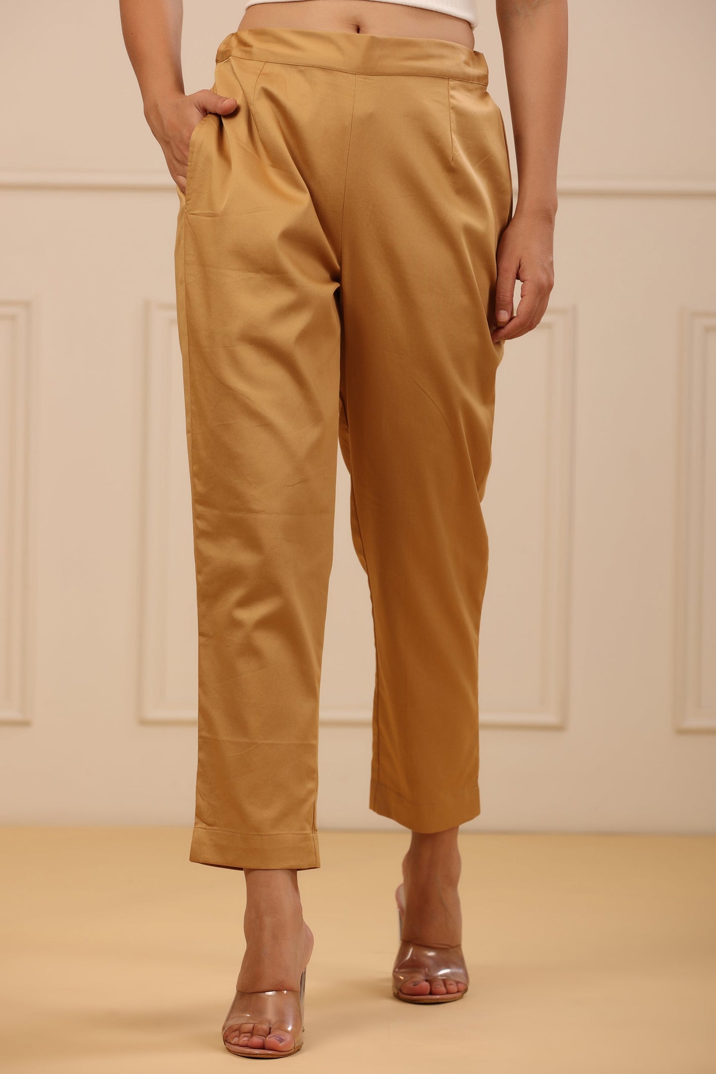 Beige Solid Straight Slim Pant