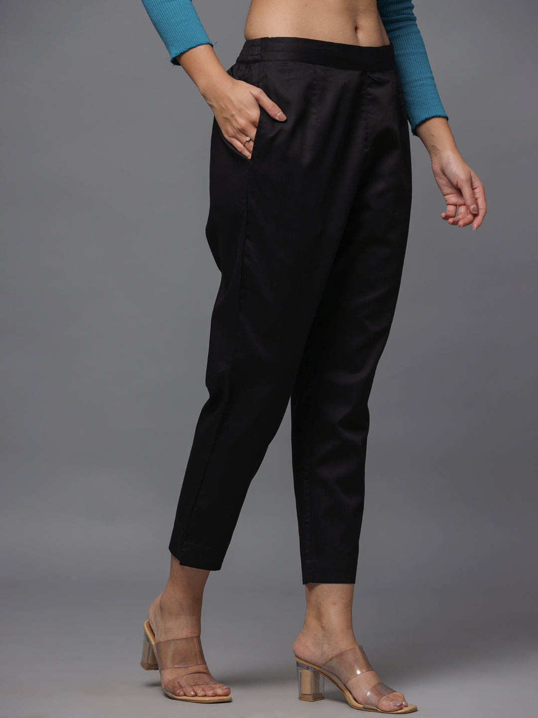 Black Solid Straight Slim Pant