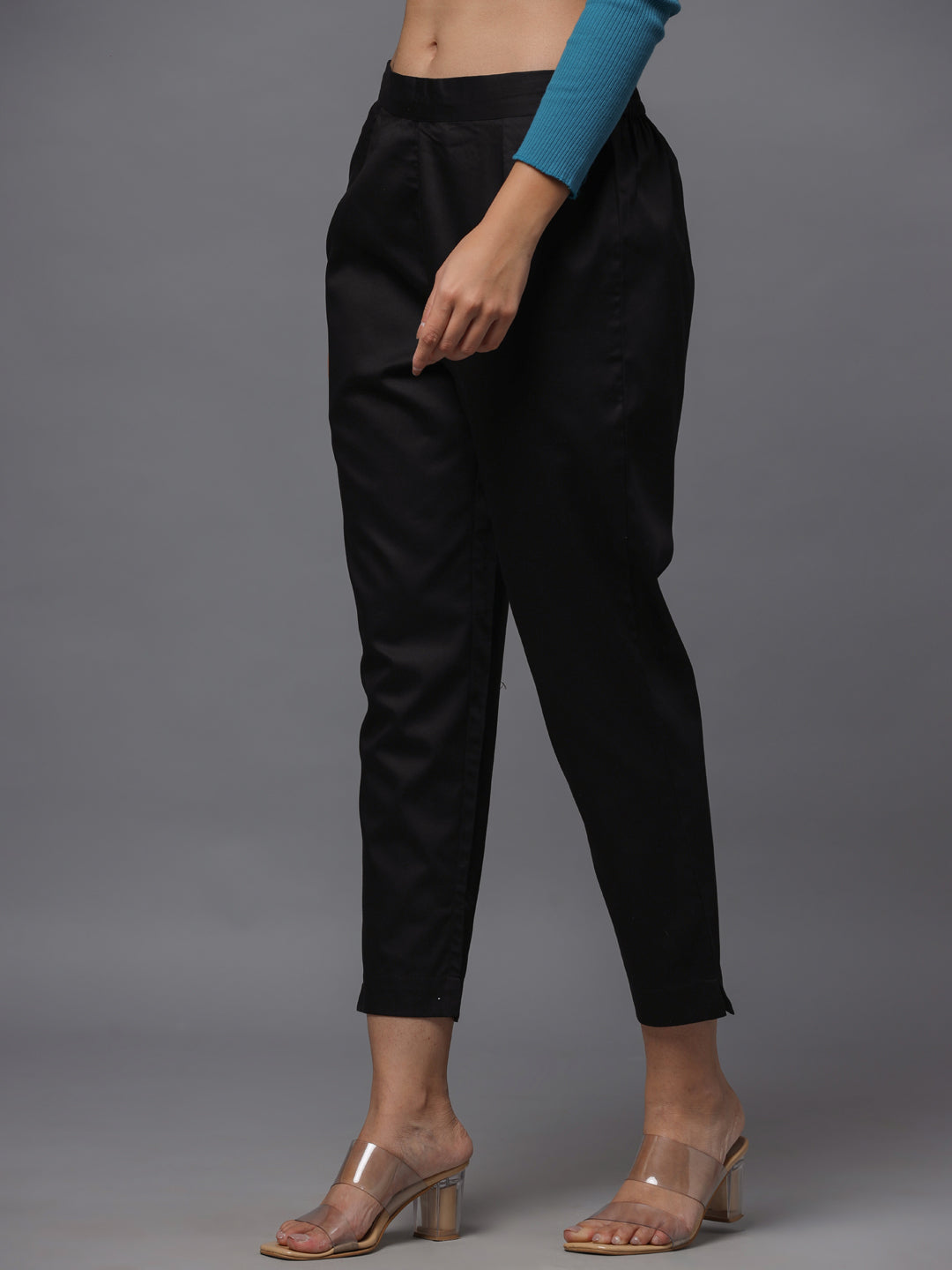 Black Solid Straight Slim Pant