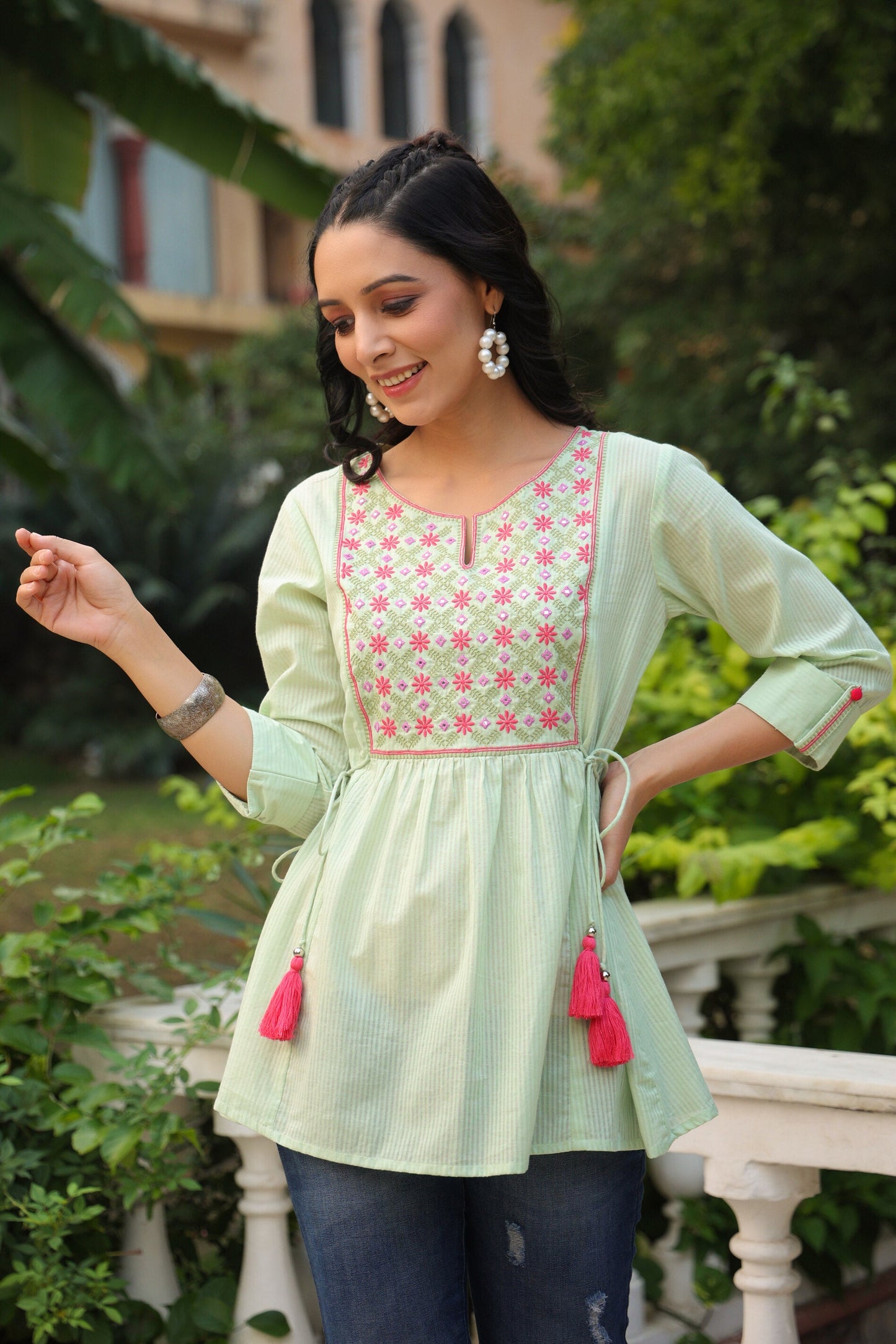 Green Cotton Dobby Solid Embroidered Straight Tunic