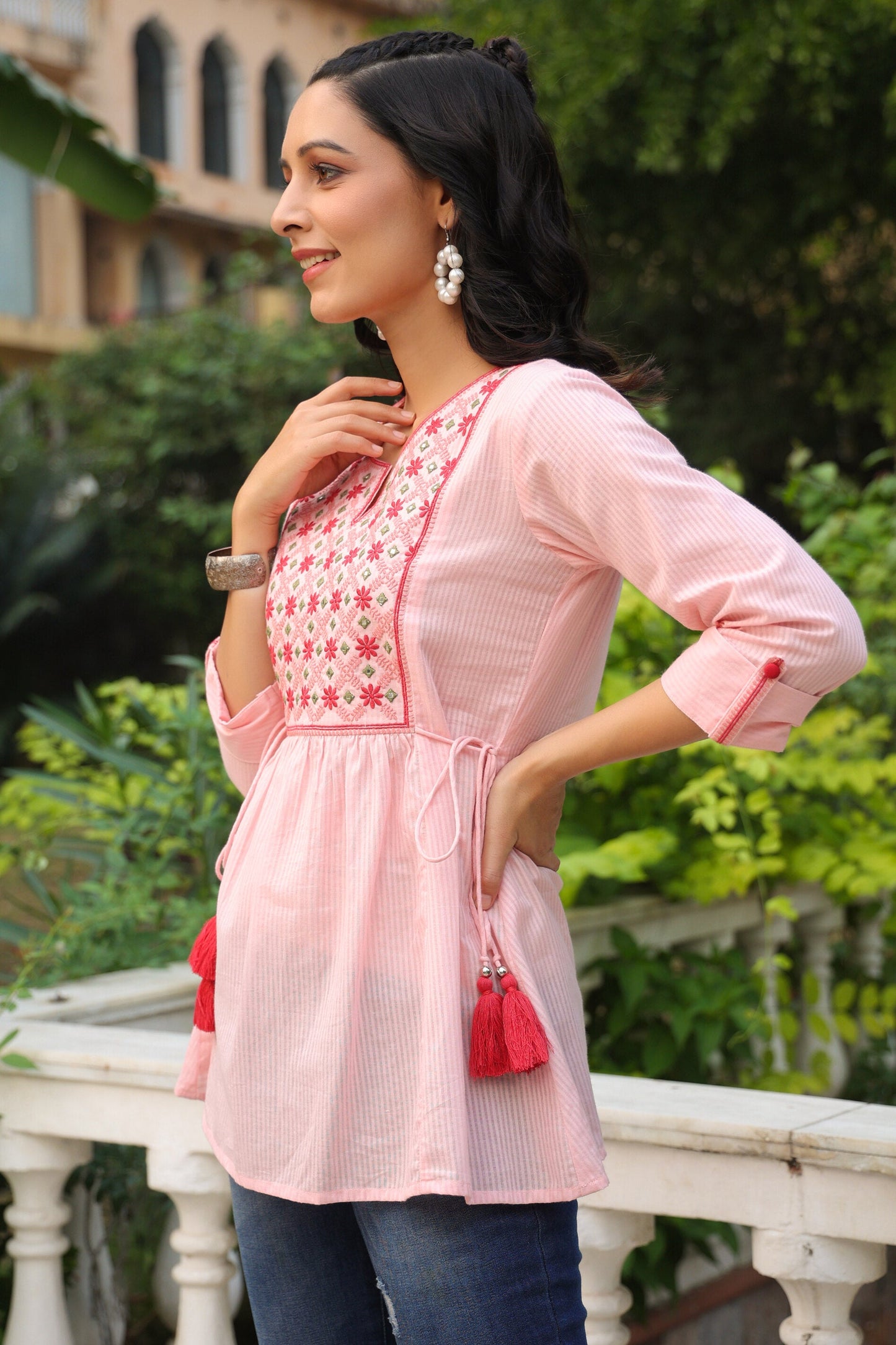 Peach Cotton Dobby Solid Embroidered Straight Tunic