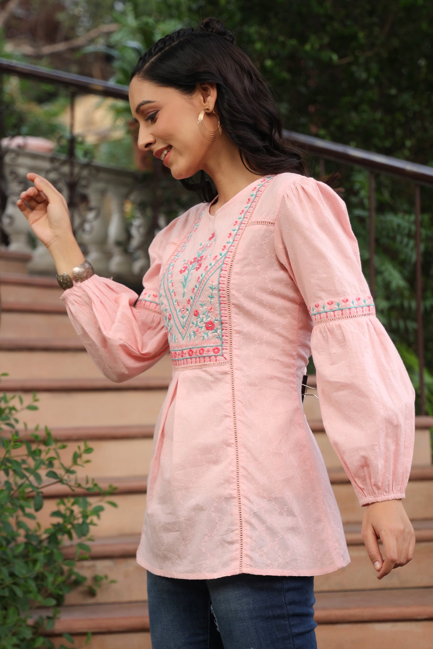 Peach Cotton Dobby Solid Embroidered Straight Tunic