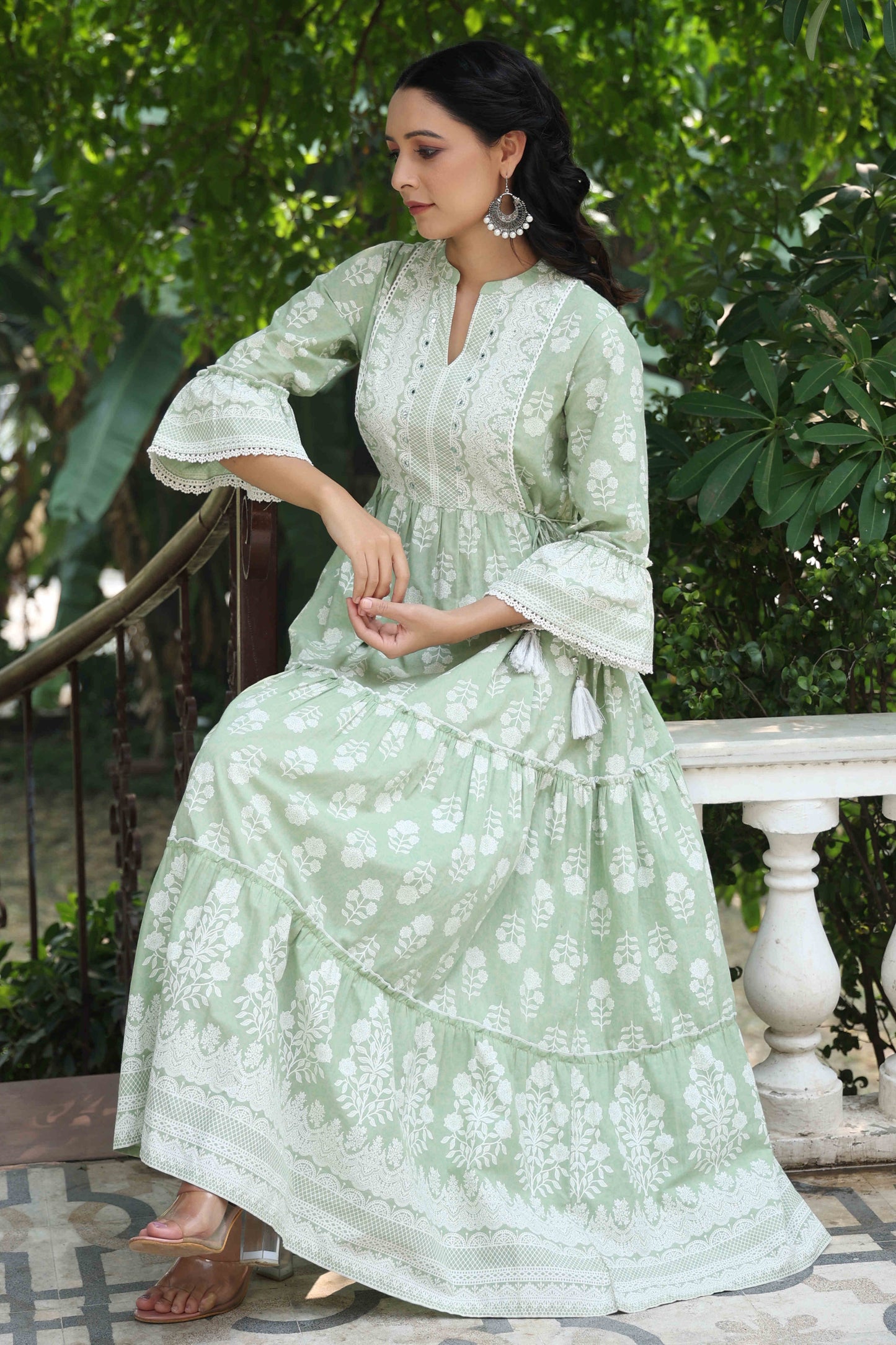 Green Cambric Floral Printed Maxi Tiered Dress