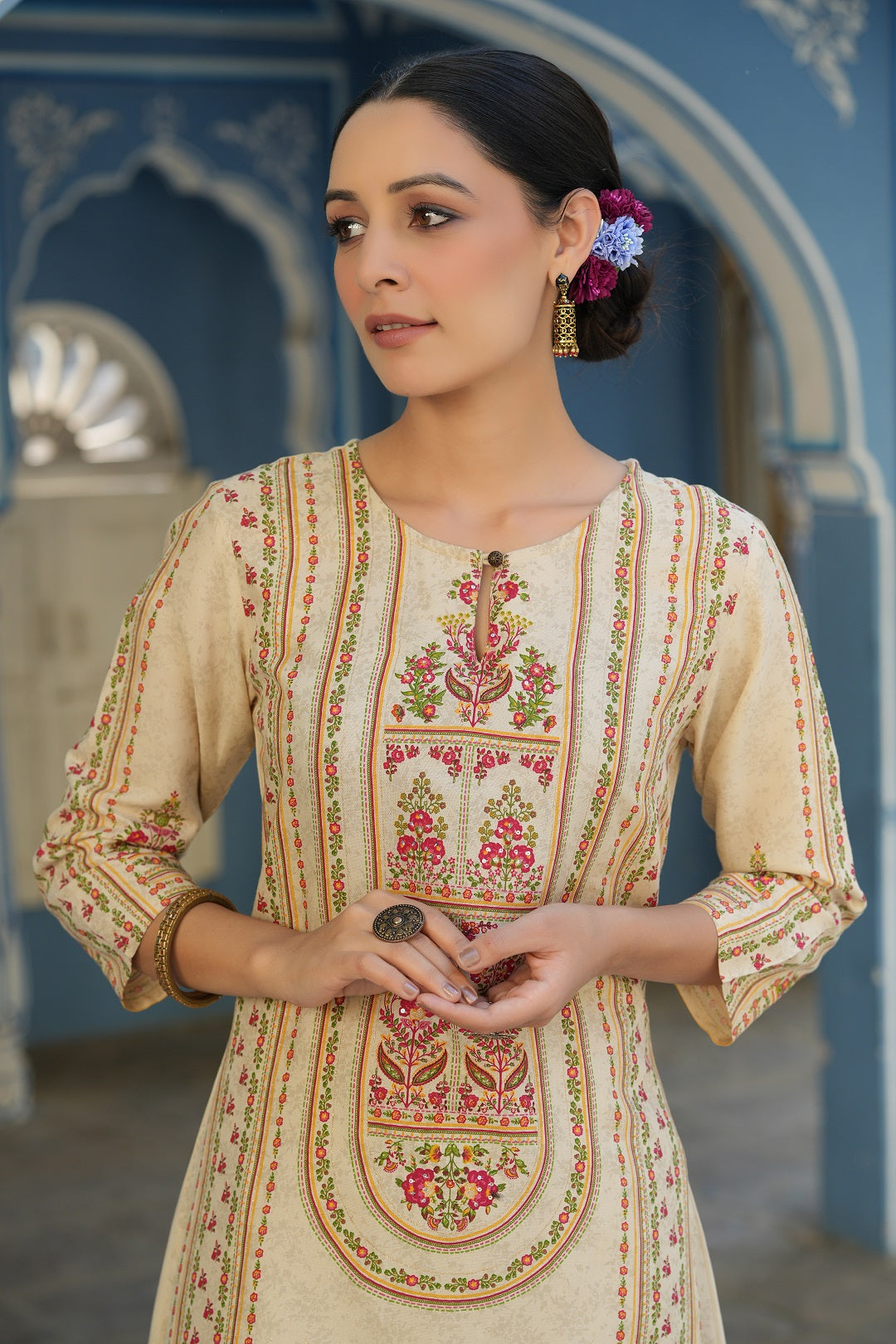 Cream Rayon Staple Placement Printed A-Line Kurta