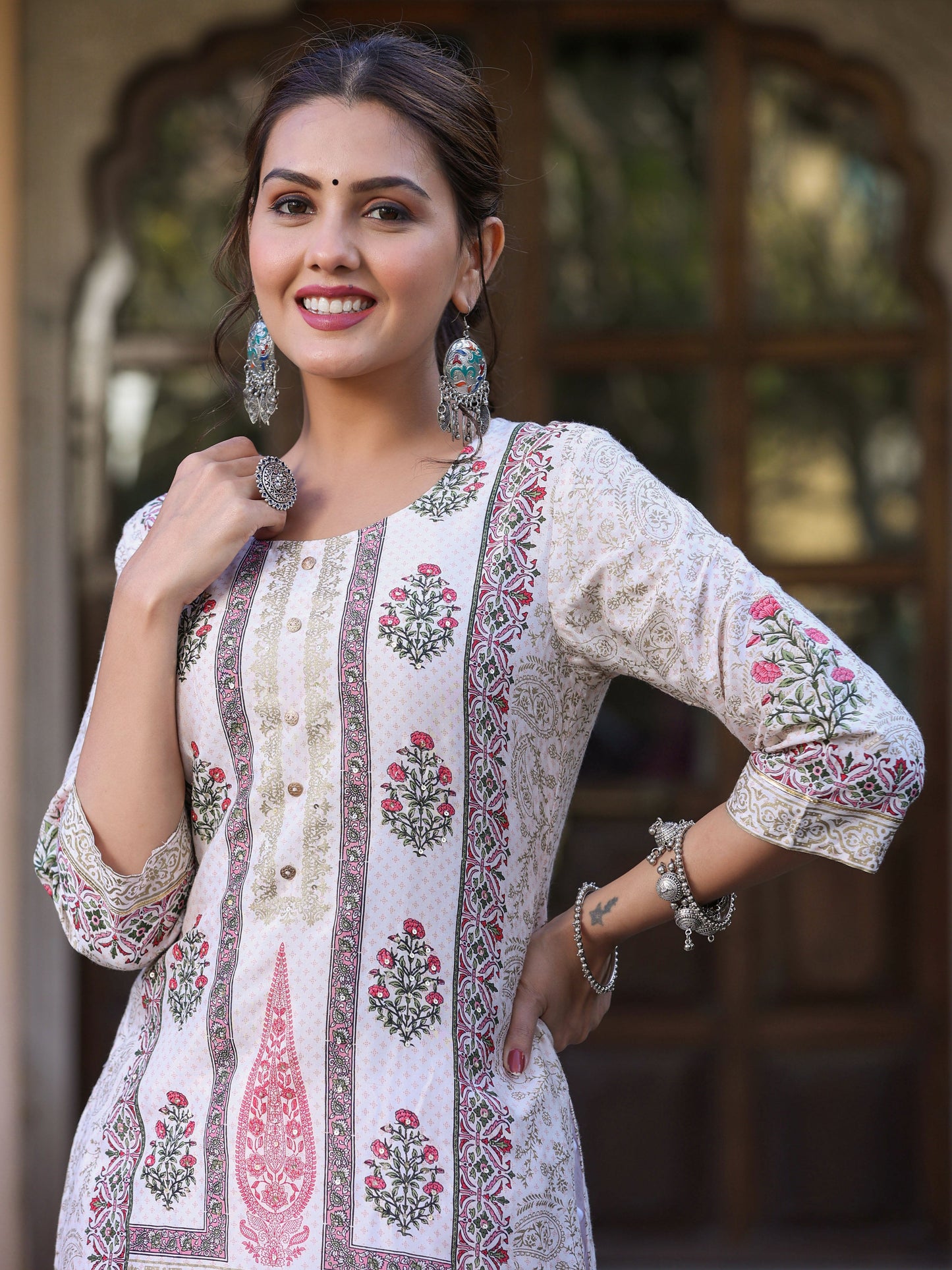 Pink Viscose Shantoon Festive Printed Straight Kurta