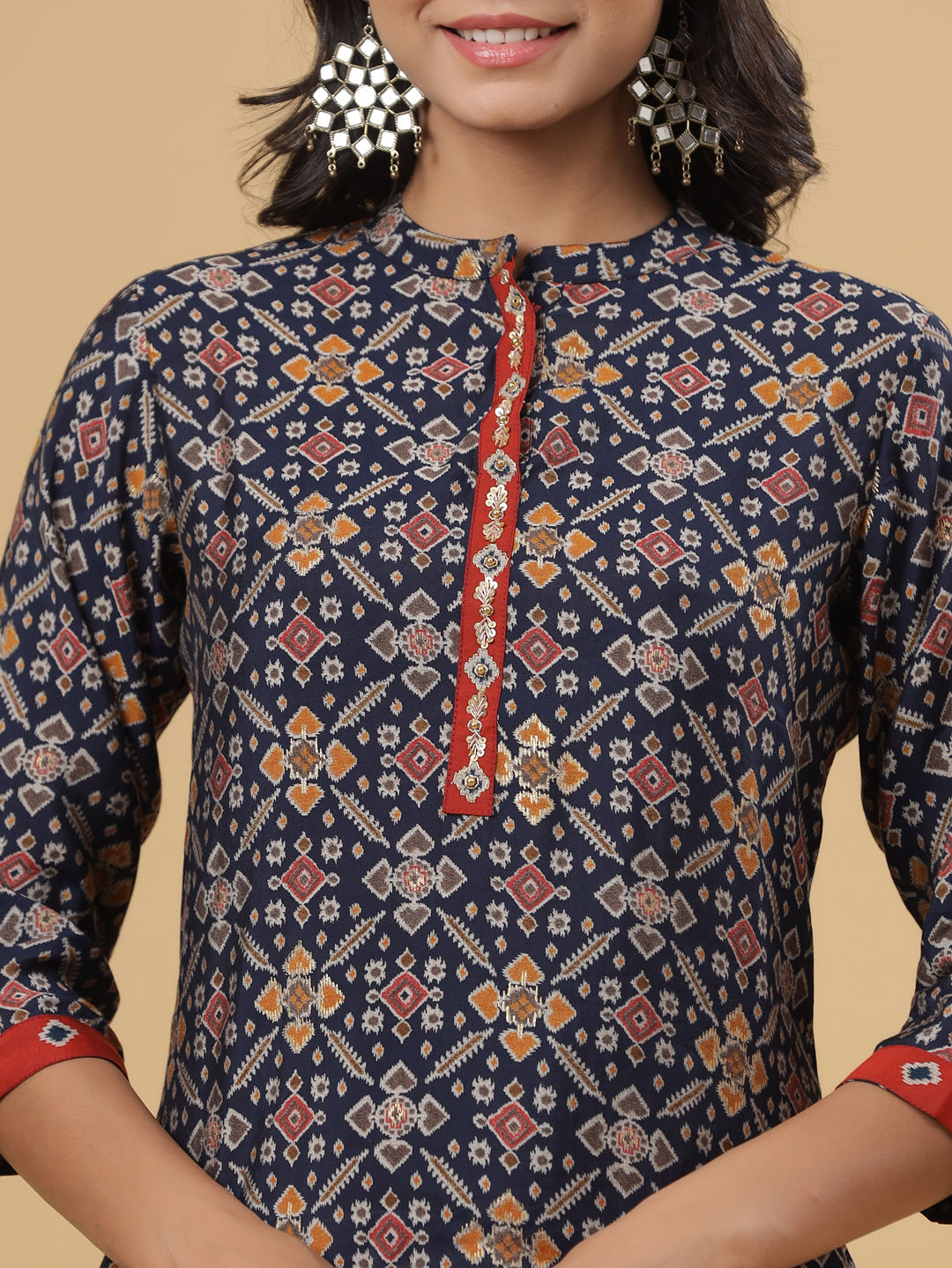 Navy Printed Straight Knee Length Kurta
