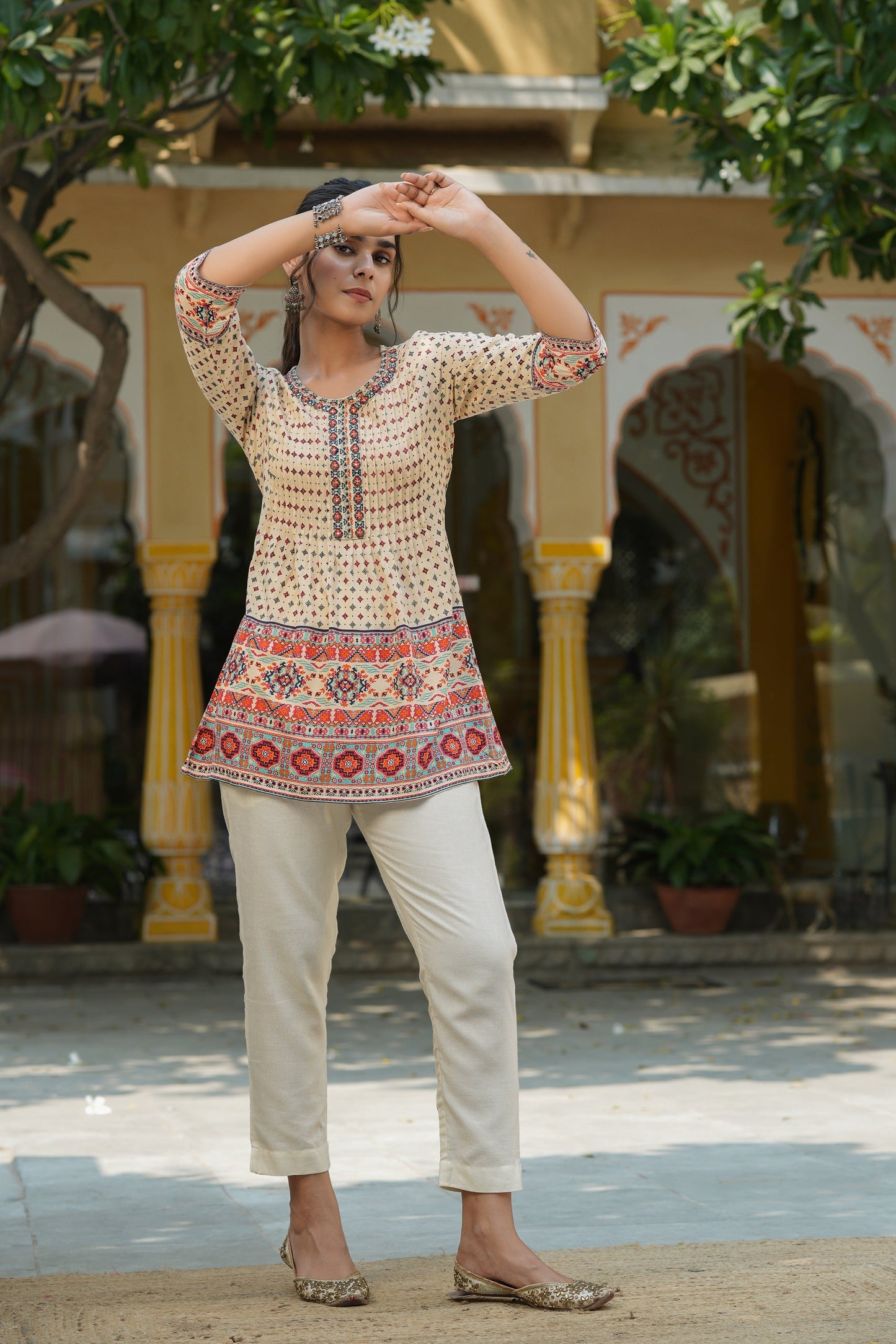 Beige Rayon Printed Embroidery Tunic