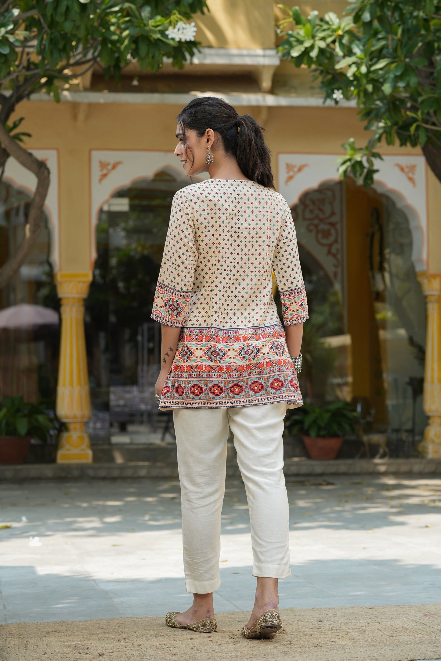Beige Rayon Printed Embroidery Tunic