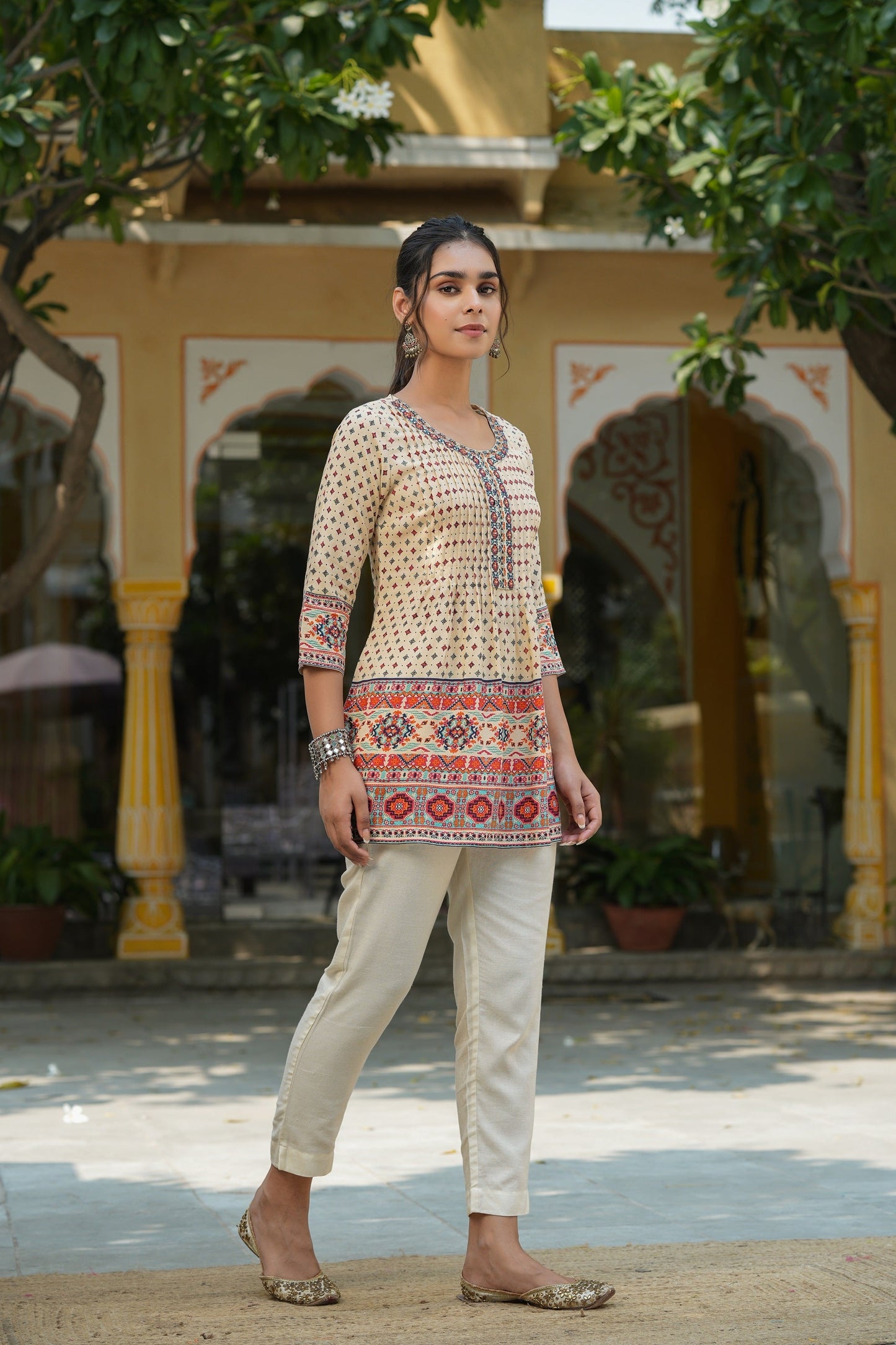Beige Rayon Printed Embroidery Tunic