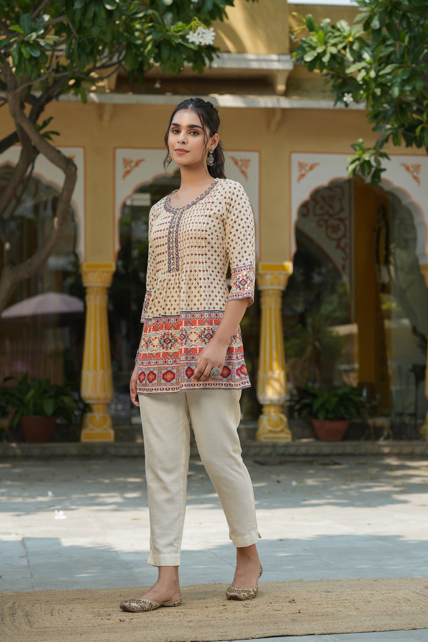 Beige Rayon Printed Embroidery Tunic