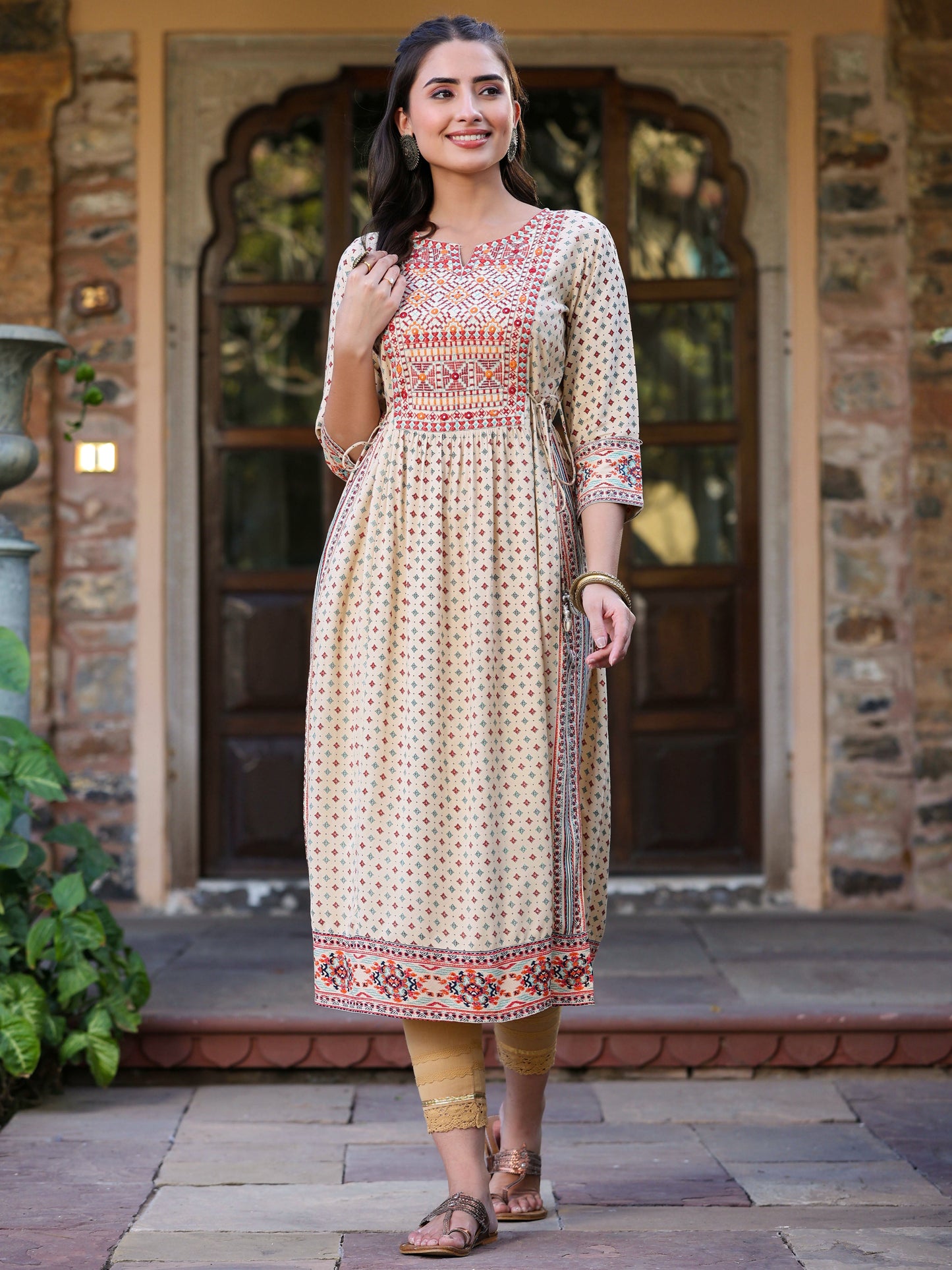 Beige Rayon Printed Embroidered Straight Kurta