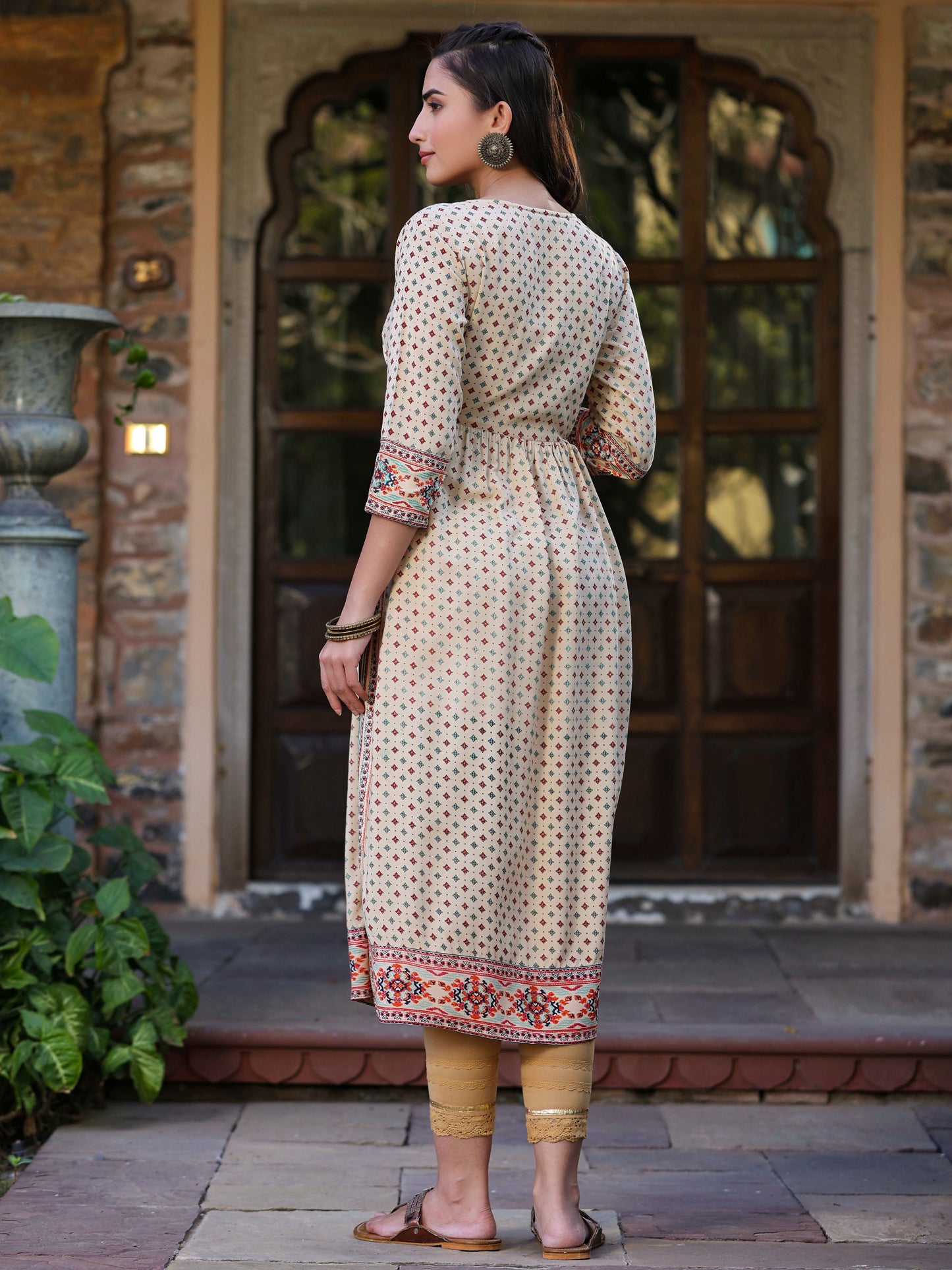 Beige Rayon Printed Embroidered Straight Kurta