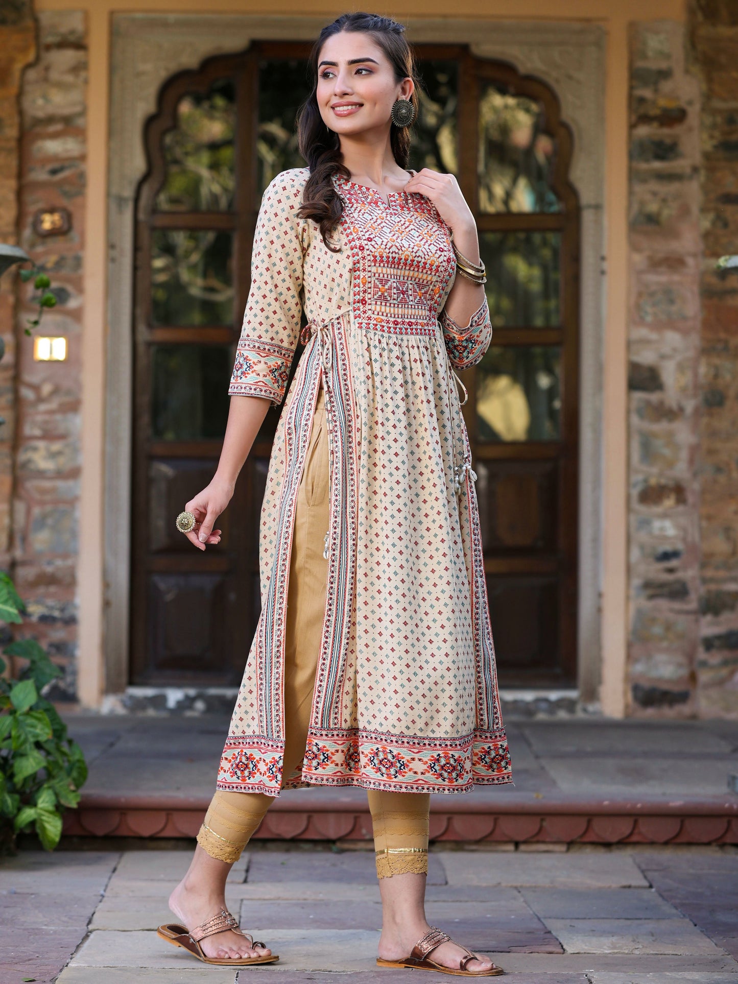 Beige Rayon Printed Embroidered Straight Kurta