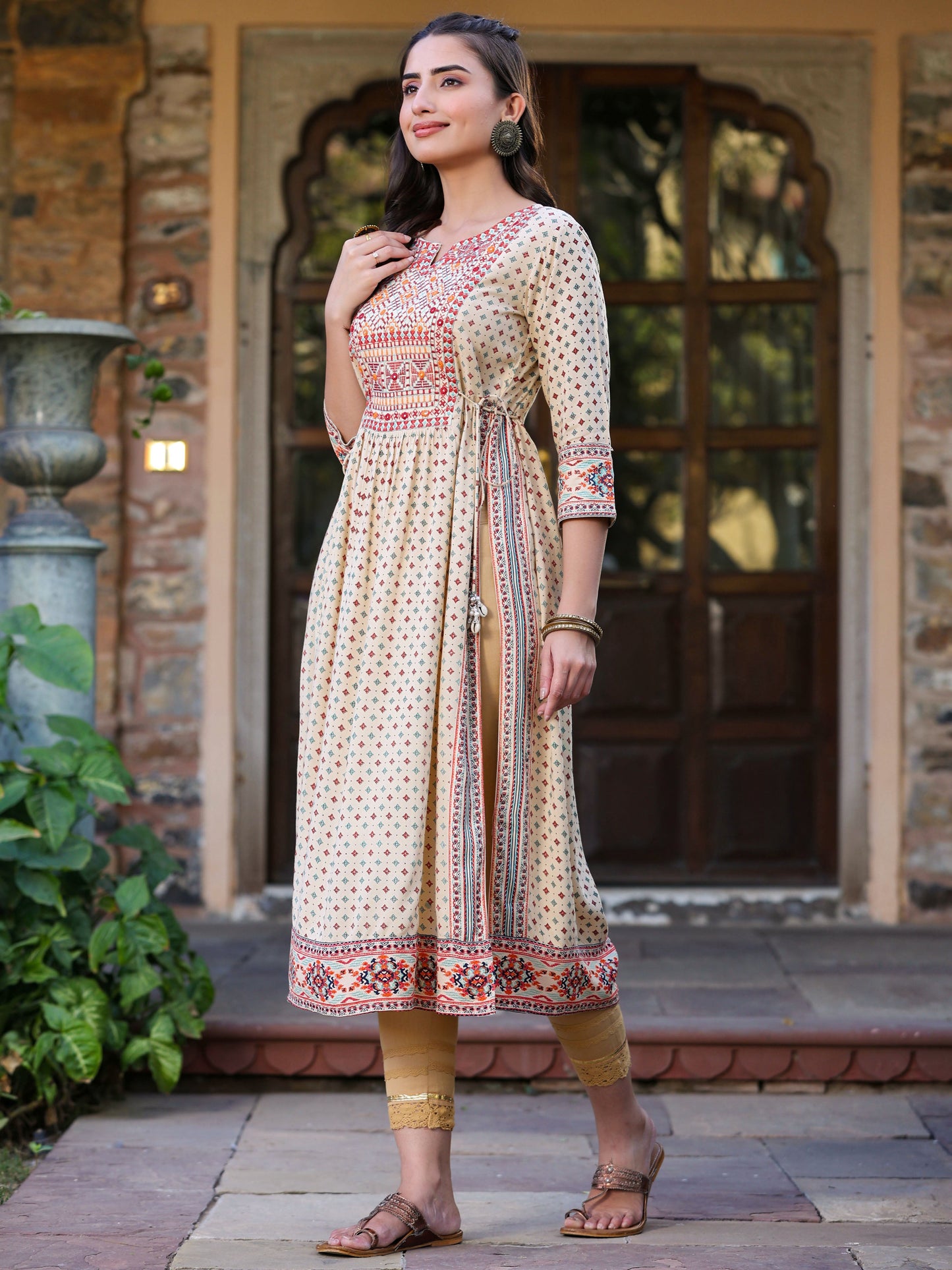 Beige Rayon Printed Embroidered Straight Kurta
