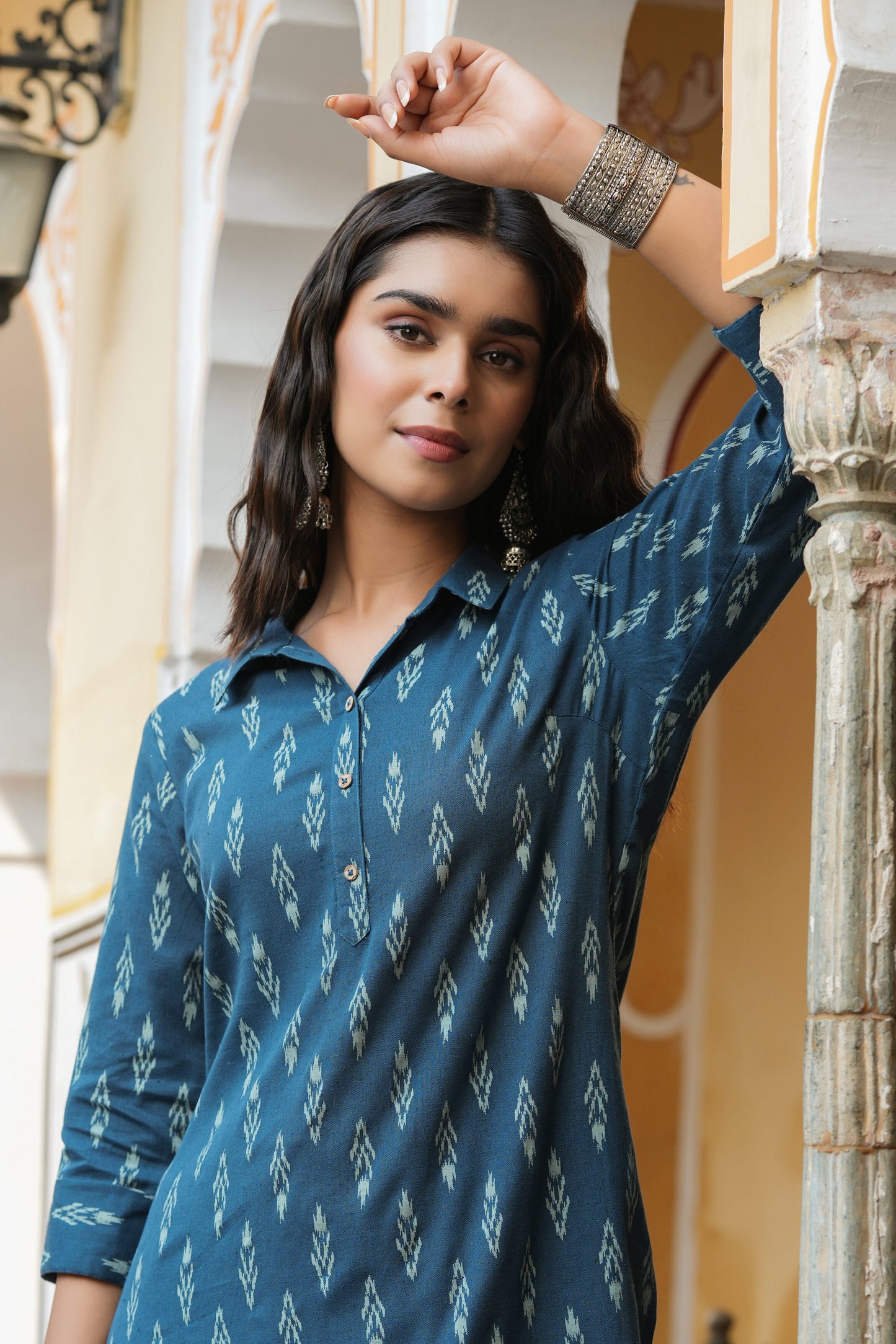 Navy Cotton Flex Printed Straight Kurta