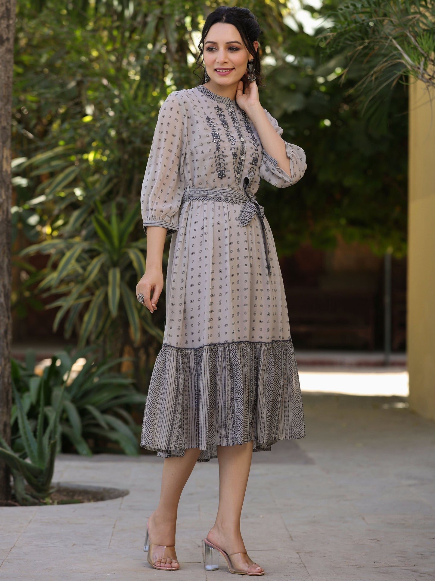 Beige Printed Flared Dress