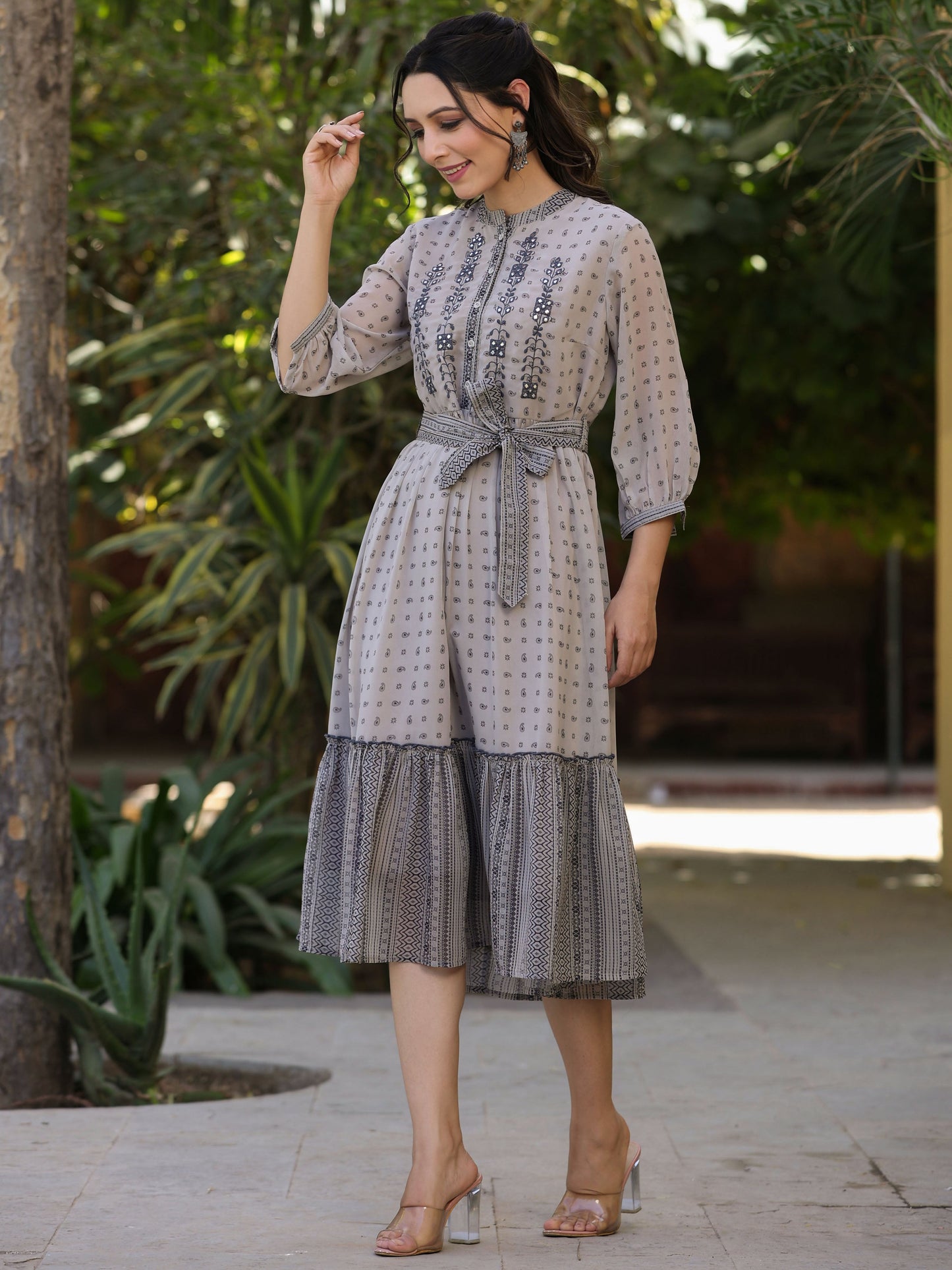 Beige Printed Flared Dress