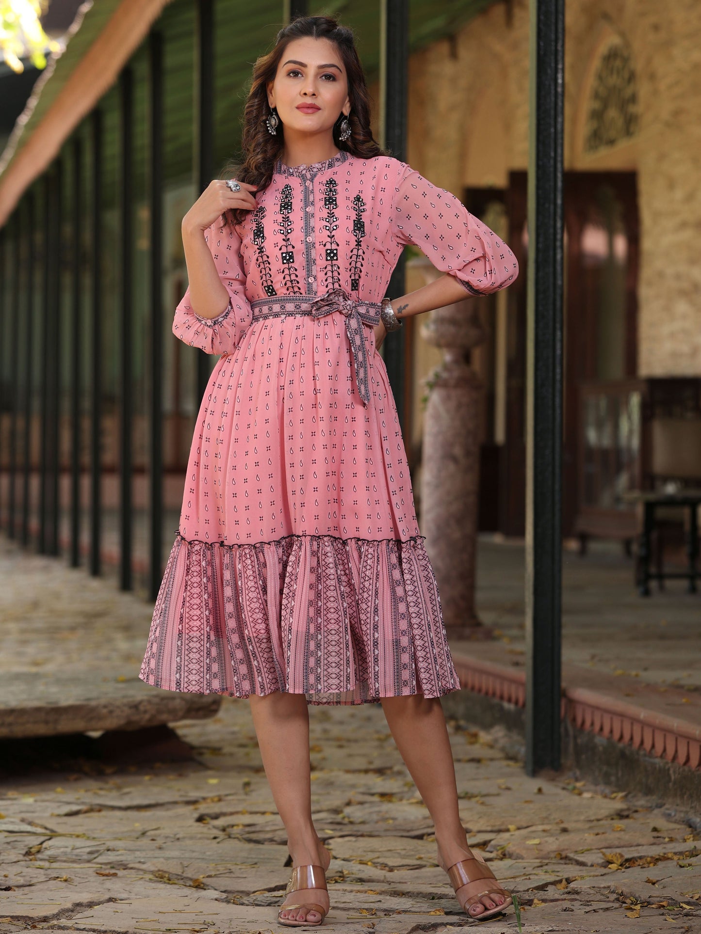 Pink Georgette Printed Flared Dress