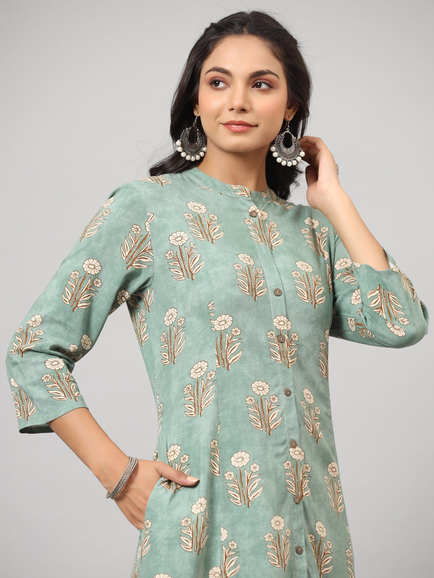 Green Printed A-Line Kurta
