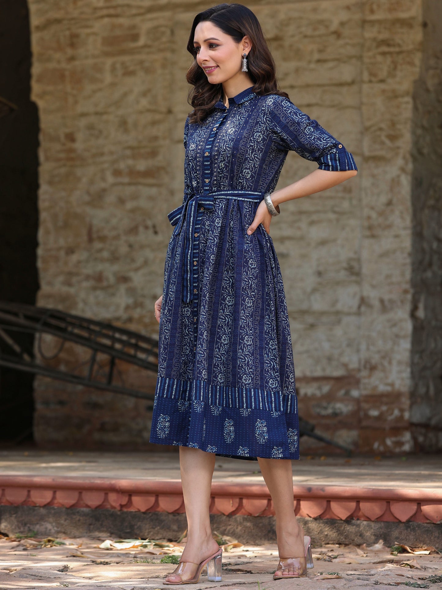 Navy Printed A-Line Dress