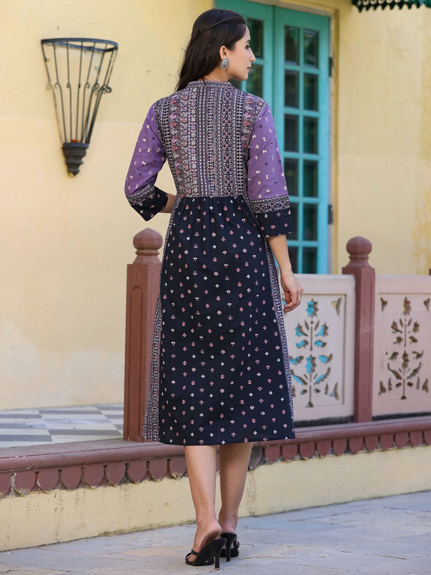 Lavender Printed Embroidery Flared Dress