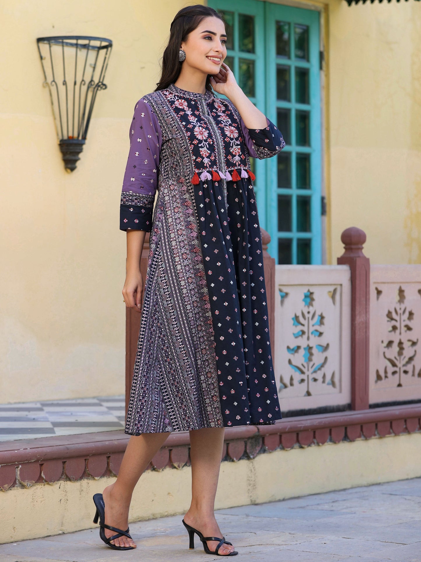 Lavender Printed Embroidery Flared Dress