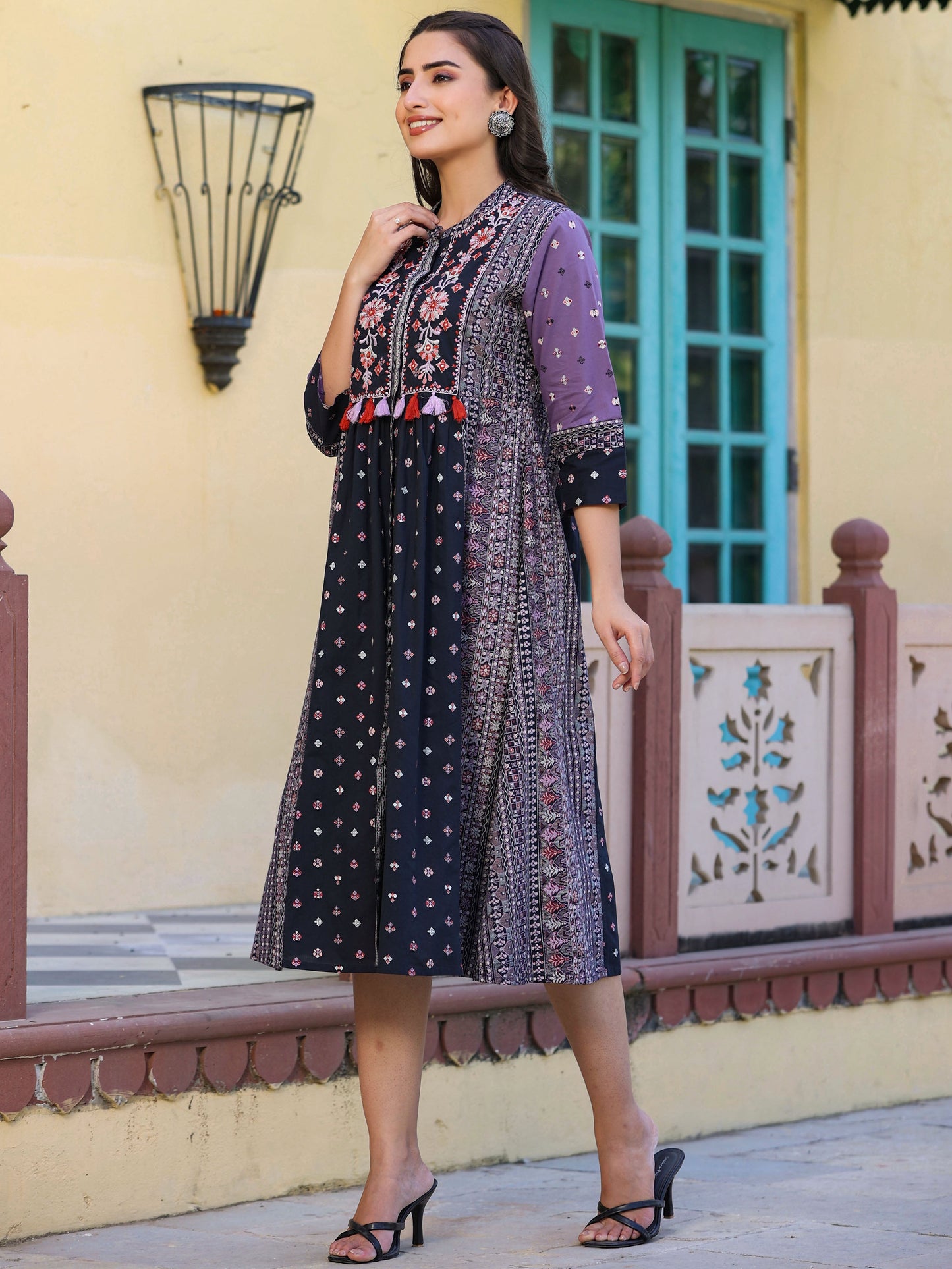 Lavender Printed Embroidery Flared Dress