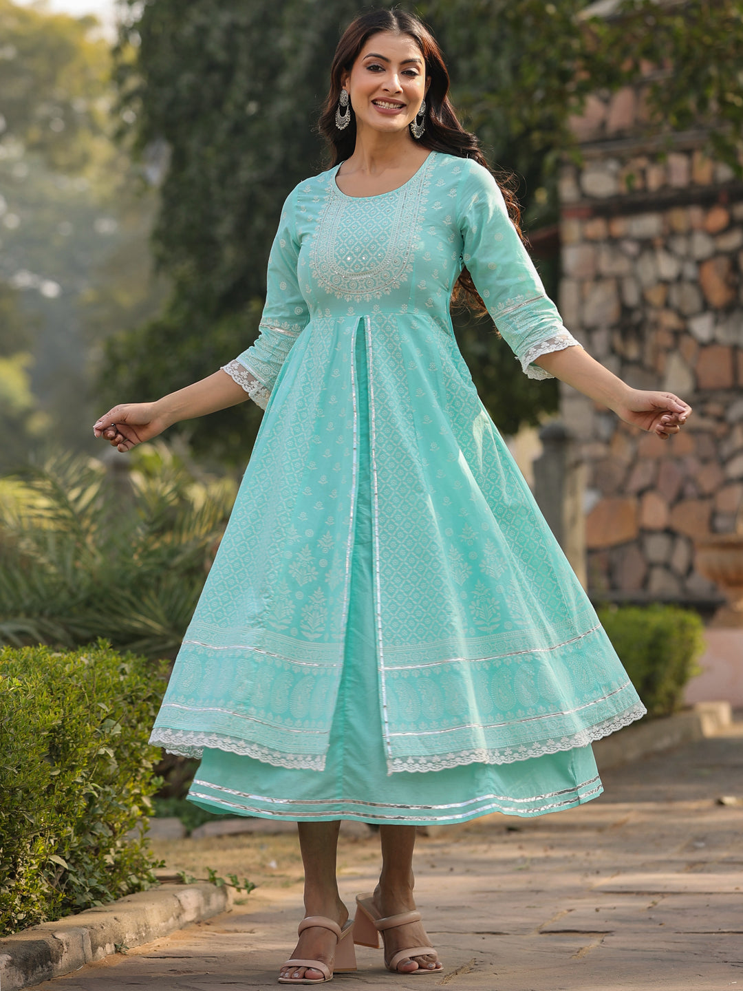 Aqua Cambric Floral Printed Double Layered Kalidar Dress