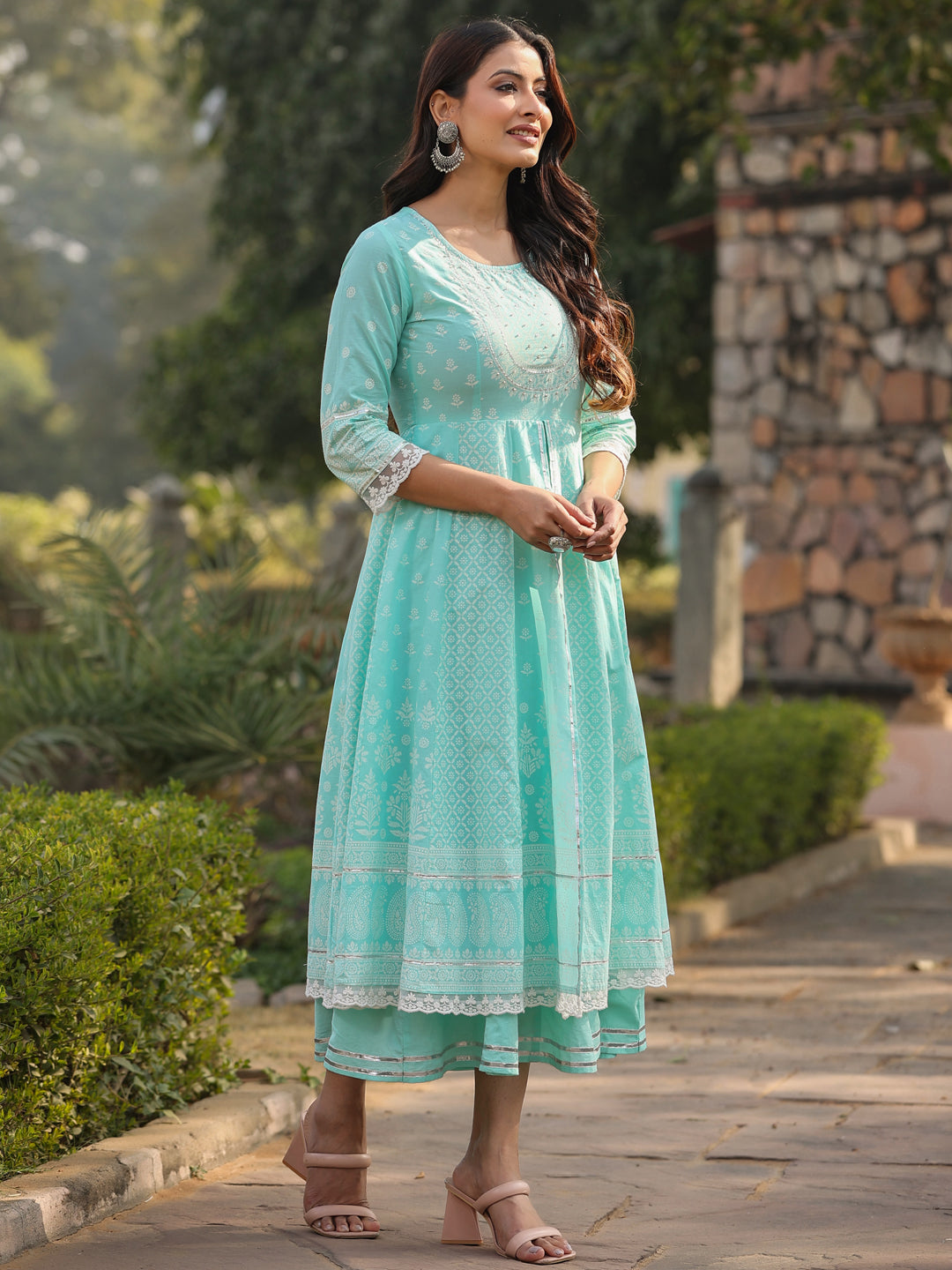 Aqua Cambric Floral Printed Double Layered Kalidar Dress